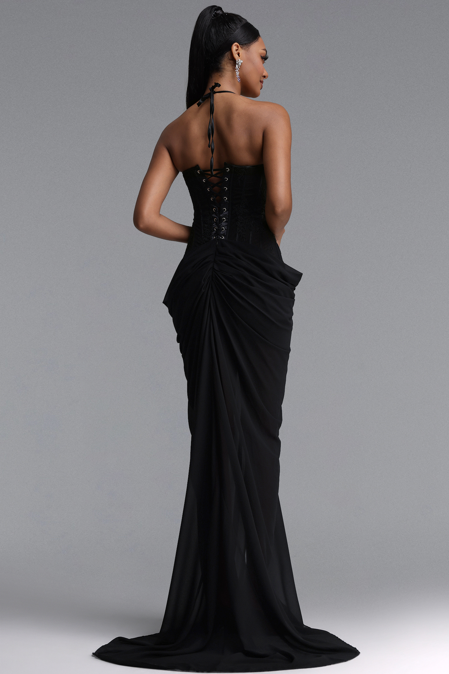 Daphne Sexy Fitted Spaghetti Strap Lace Boned Slit Mermaid Maxi Dress