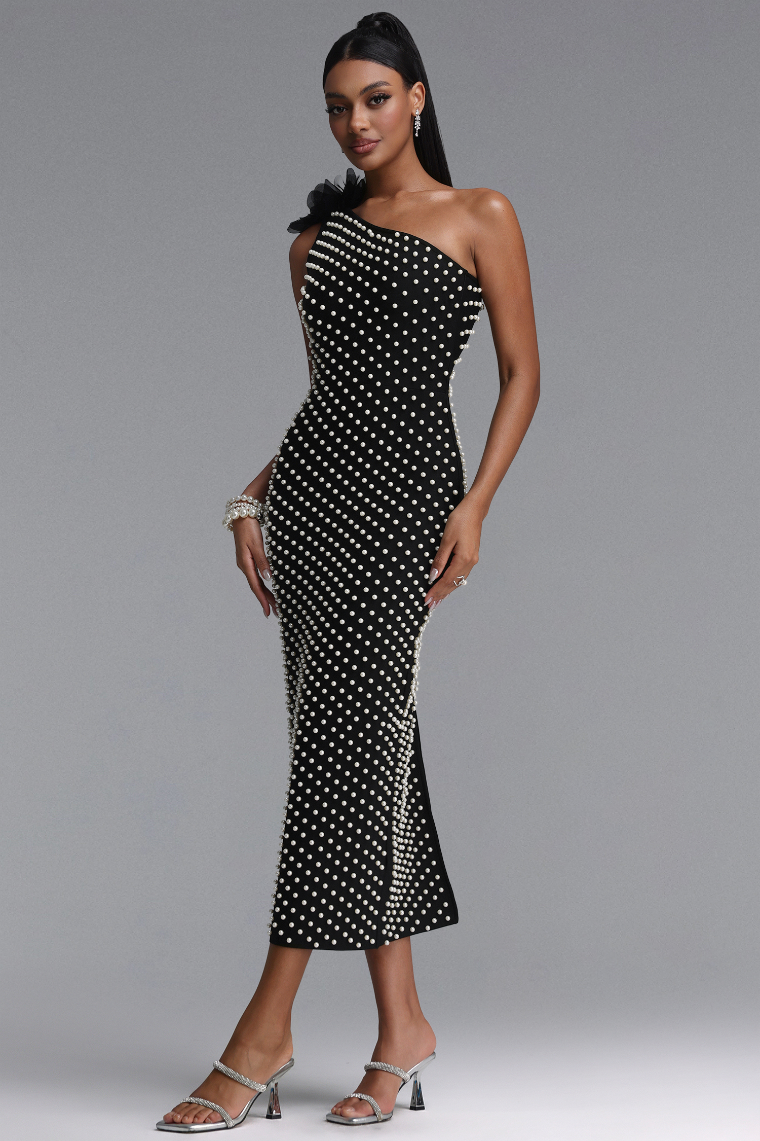 Daphne Elegant Fitted One Shoulder Pearl Floral Maxi Bandage Dress