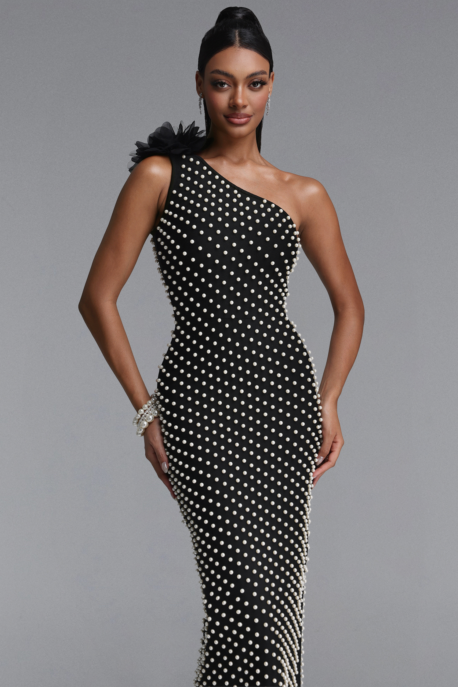 Daphne Elegant Fitted One Shoulder Pearl Floral Maxi Bandage Dress