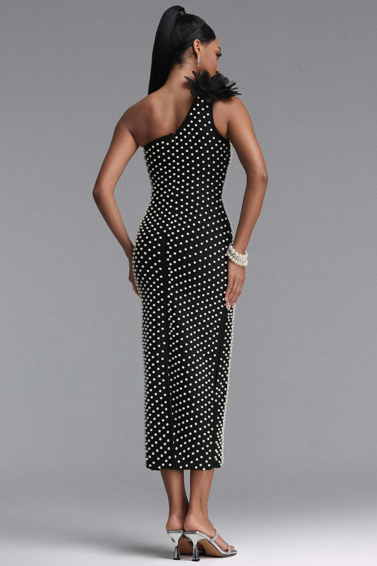 Daphne Elegant Fitted One Shoulder Pearl Floral Maxi Bandage Dress
