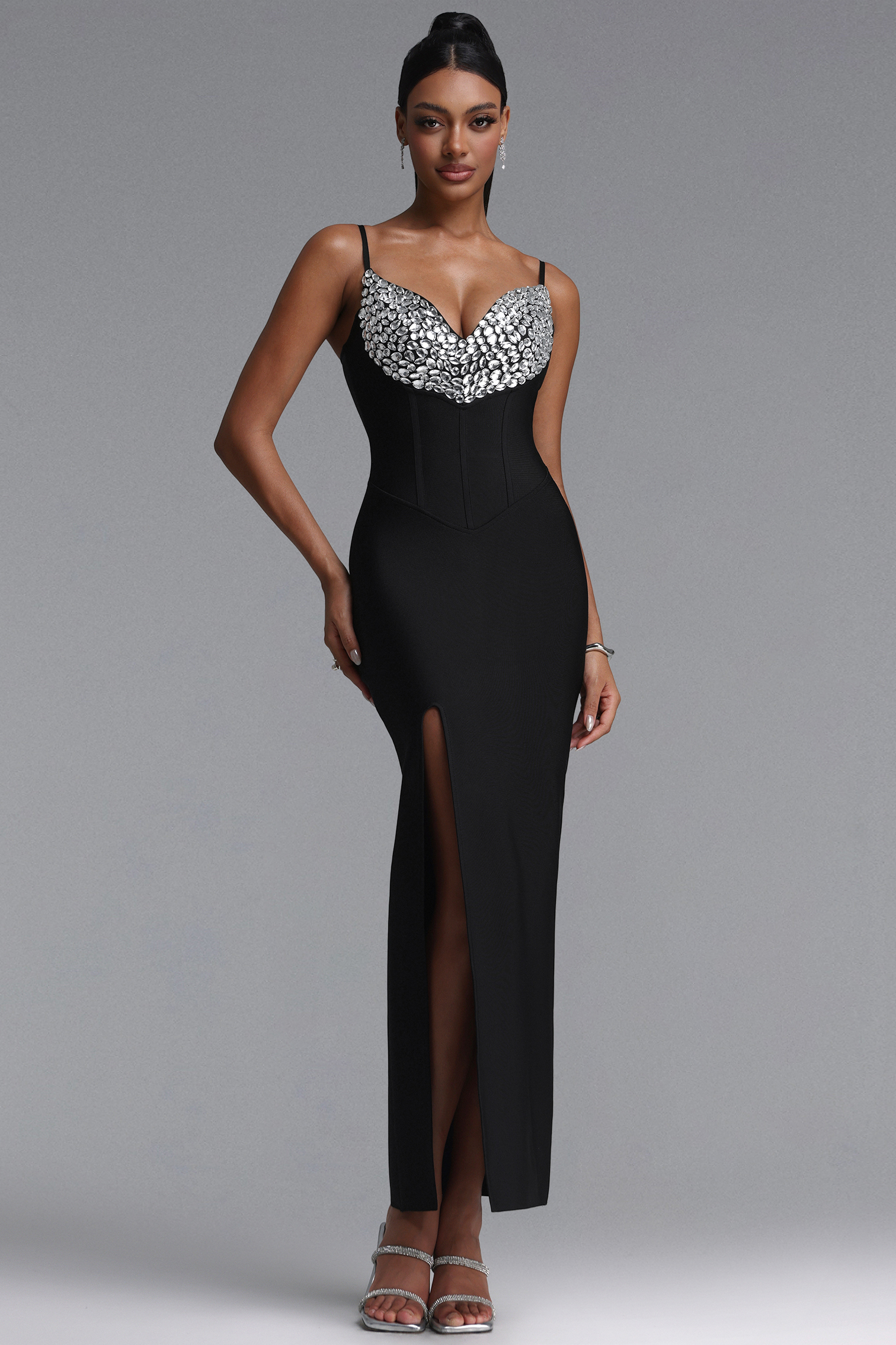 Verze Exquisite Fitted Spaghetti Strap V-neck Rhinestone Slit Maxi Bandage Dress