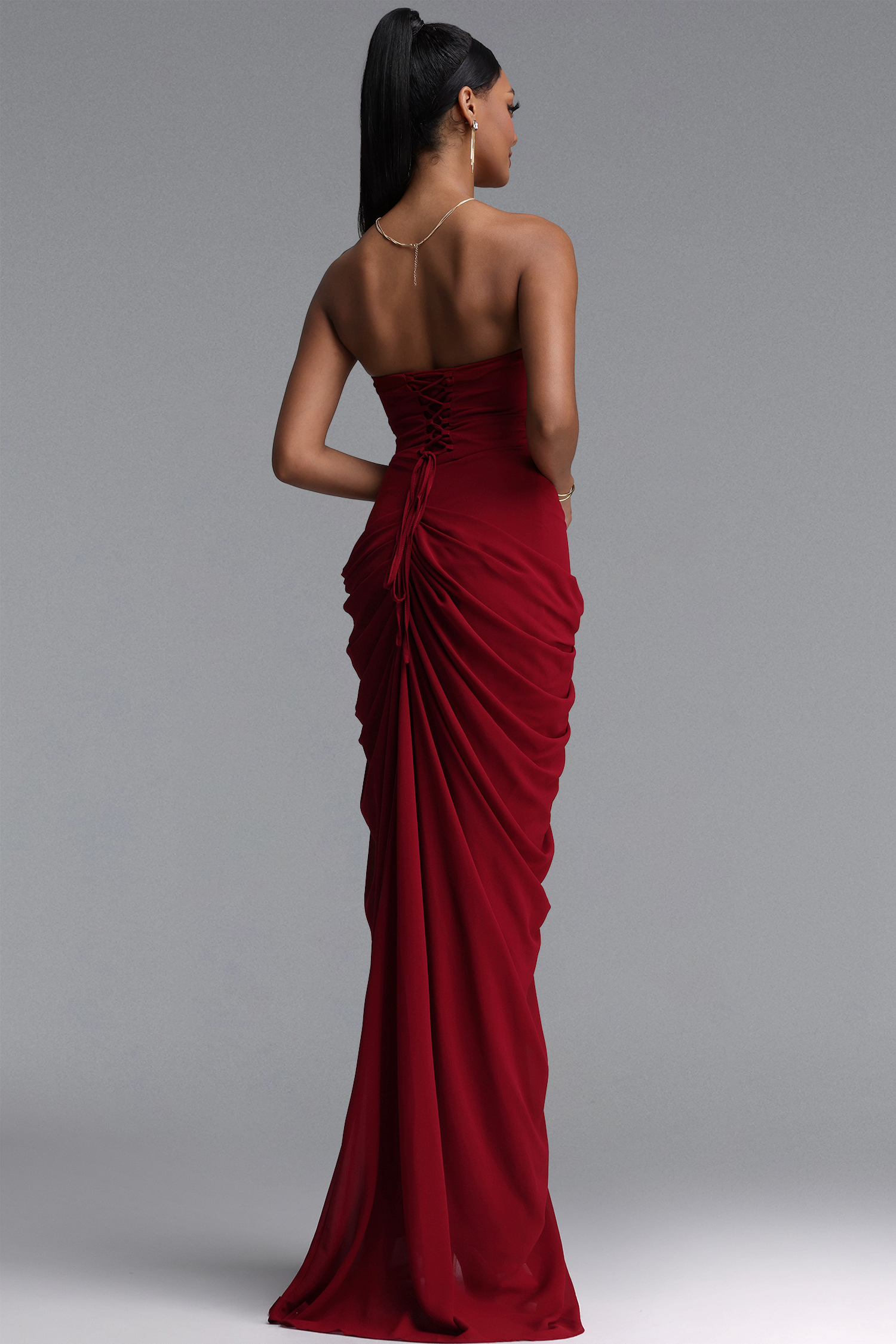 Tazeda Elegant Contour Strapless Ruched Mesh Red Maxi Dress