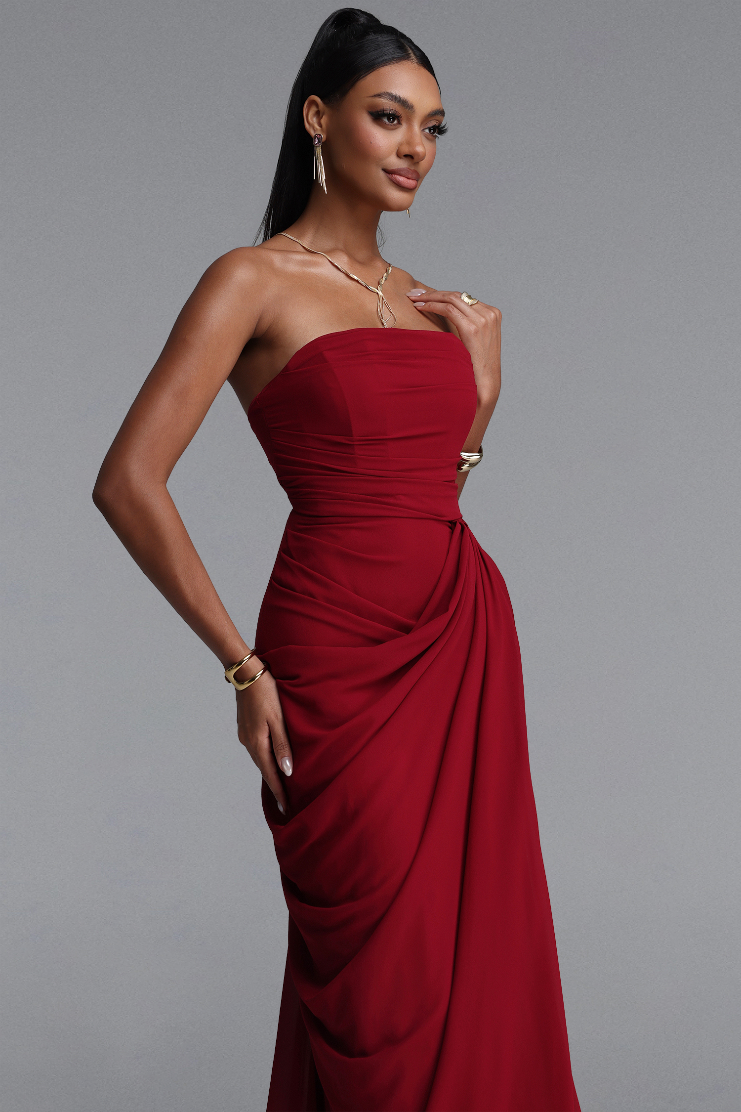 Tazeda Elegant Contour Strapless Ruched Mesh Red Maxi Dress