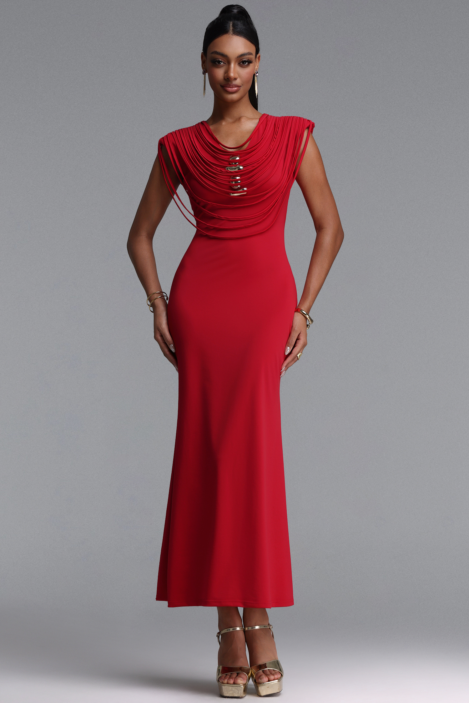 Lalipa Elegant Fitted Sleeveless Metal Tie Detail Maxi Dress
