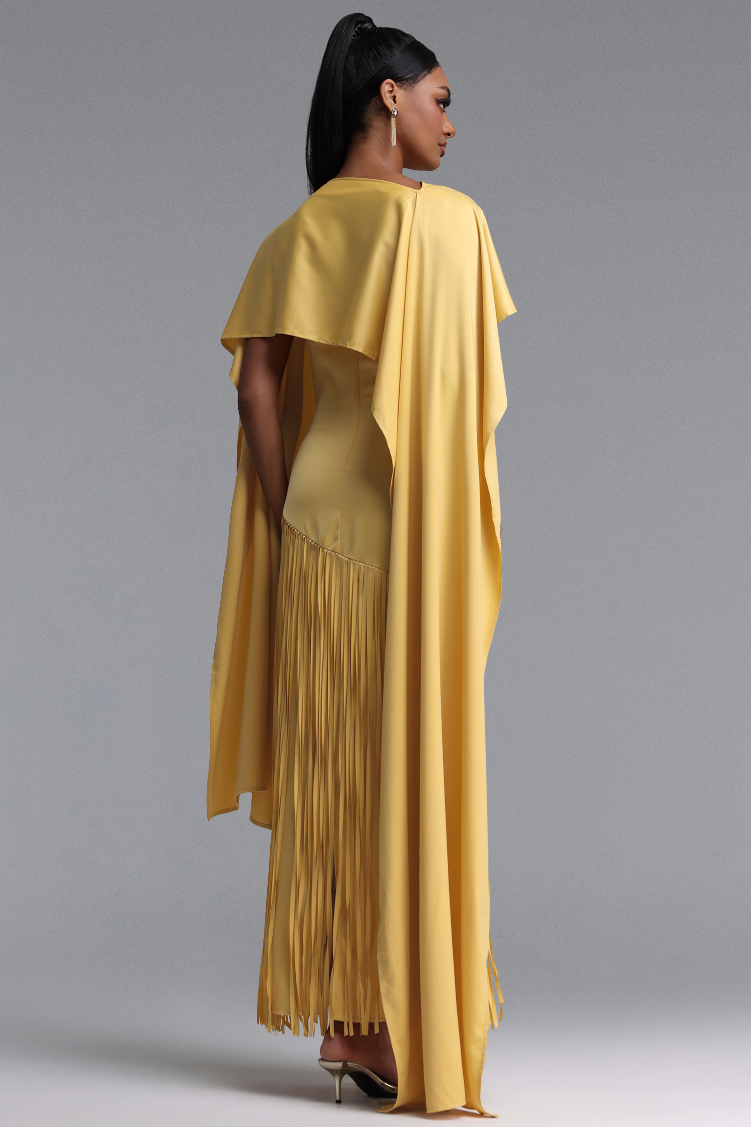 Quinny Elegant Fitted Cape Fringe Satin Maxi Dress