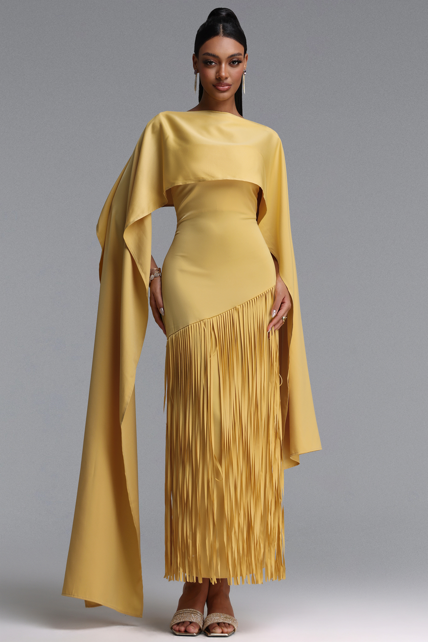 Quinny Elegant Fitted Cape Fringe Satin Maxi Dress