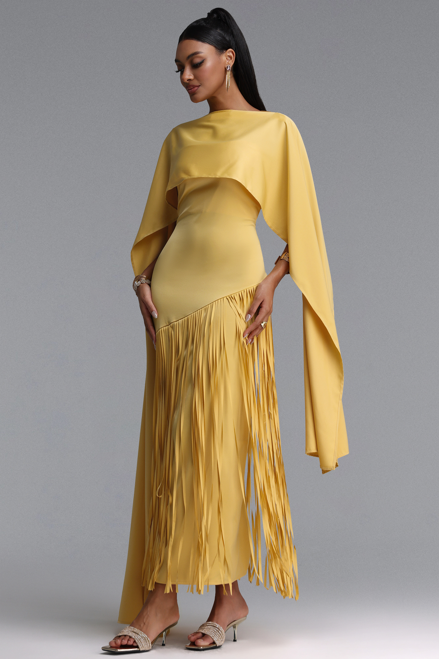 Quinny Elegant Fitted Cape Fringe Satin Maxi Dress