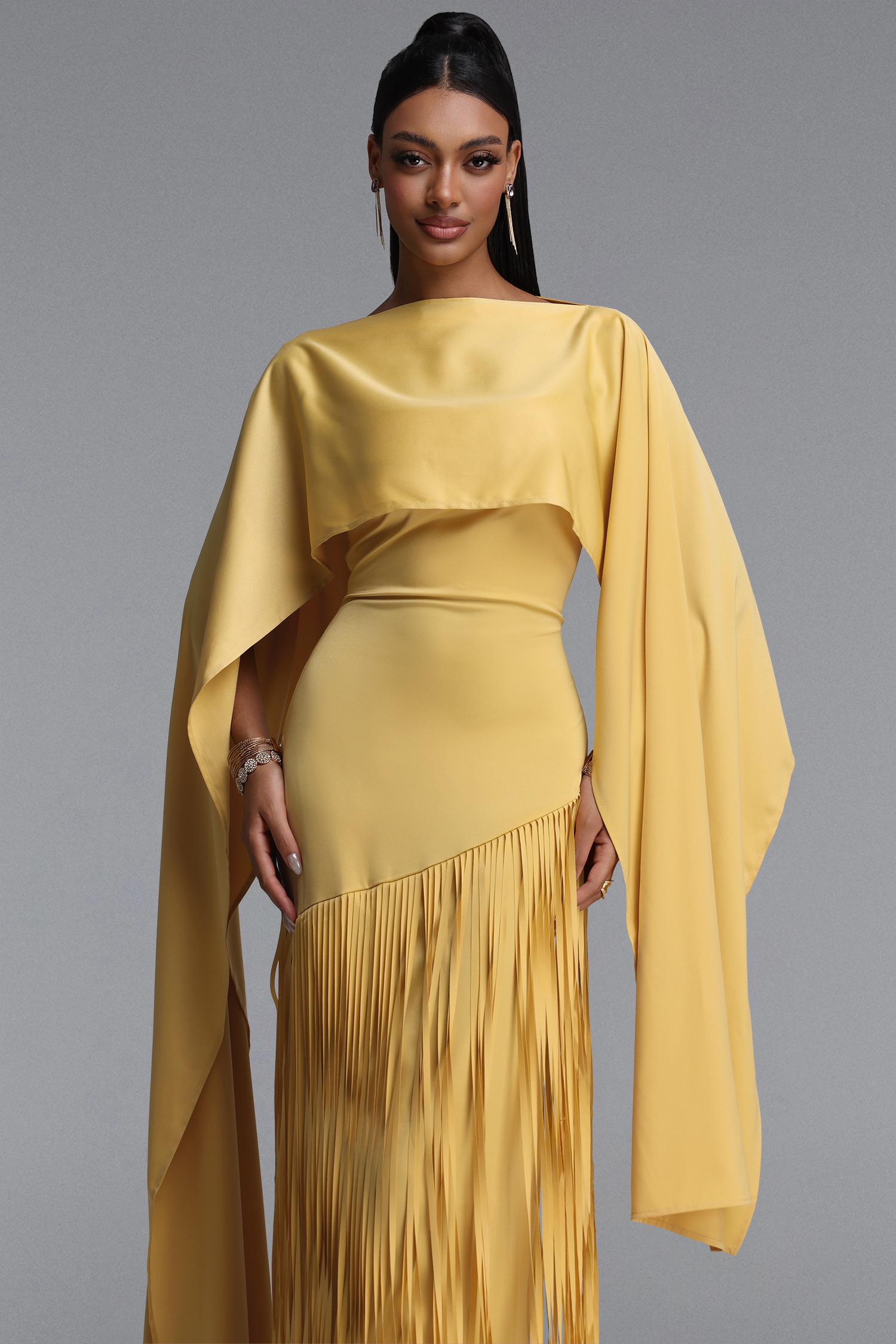 Quinny Elegant Fitted Cape Fringe Satin Maxi Dress