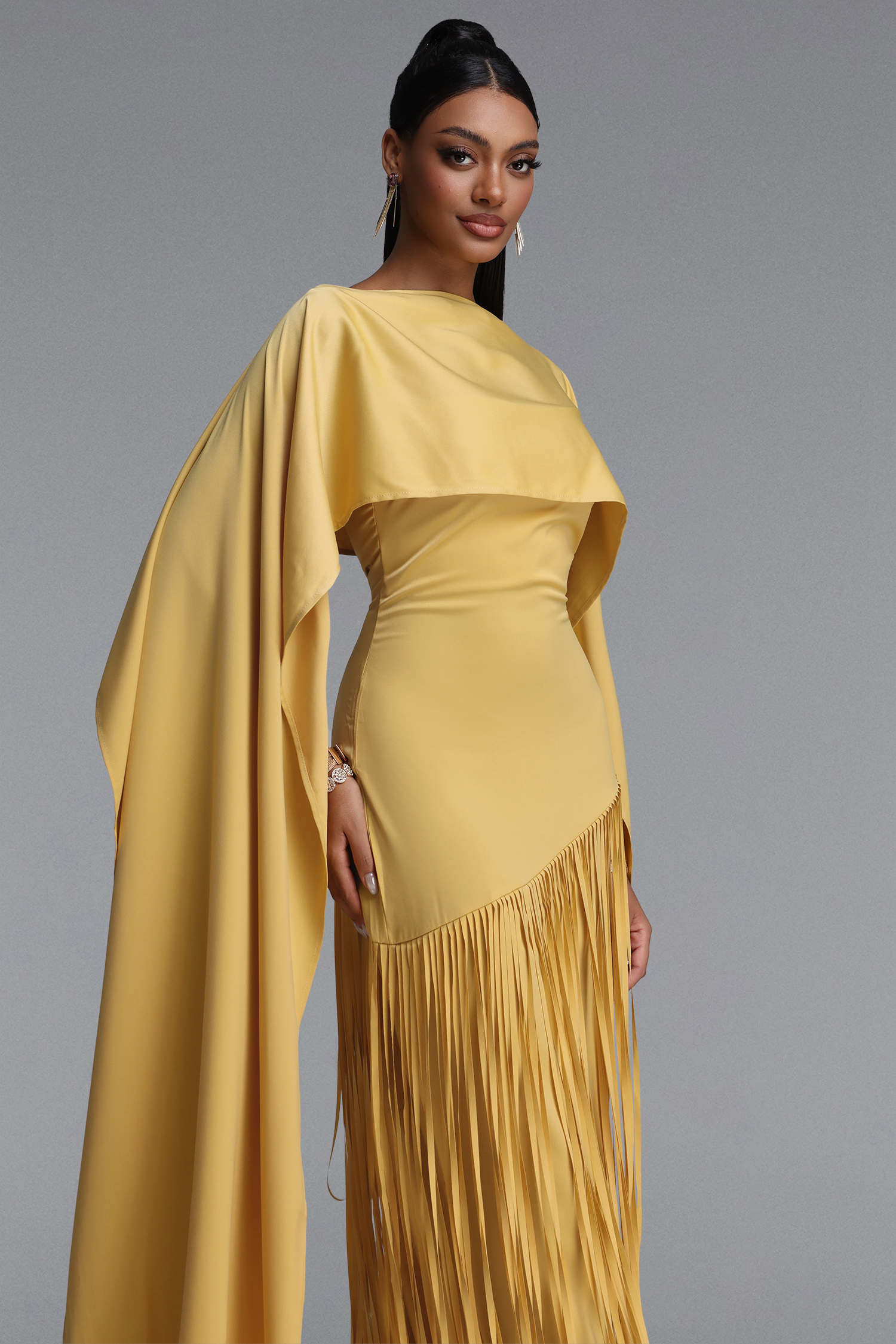 Quinny Elegant Fitted Cape Fringe Satin Maxi Dress