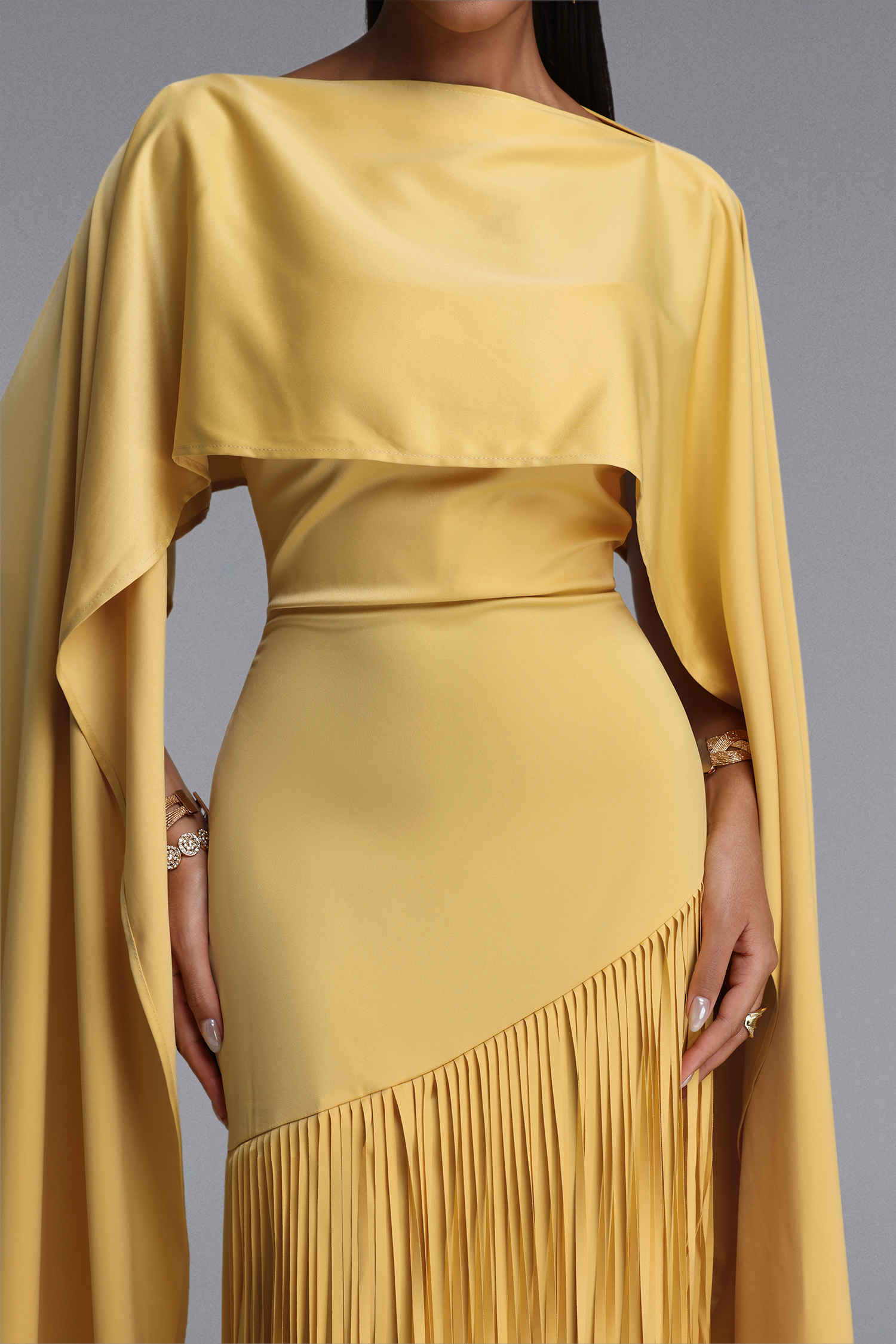 Quinny Elegant Fitted Cape Fringe Satin Maxi Dress – Bellabarnett