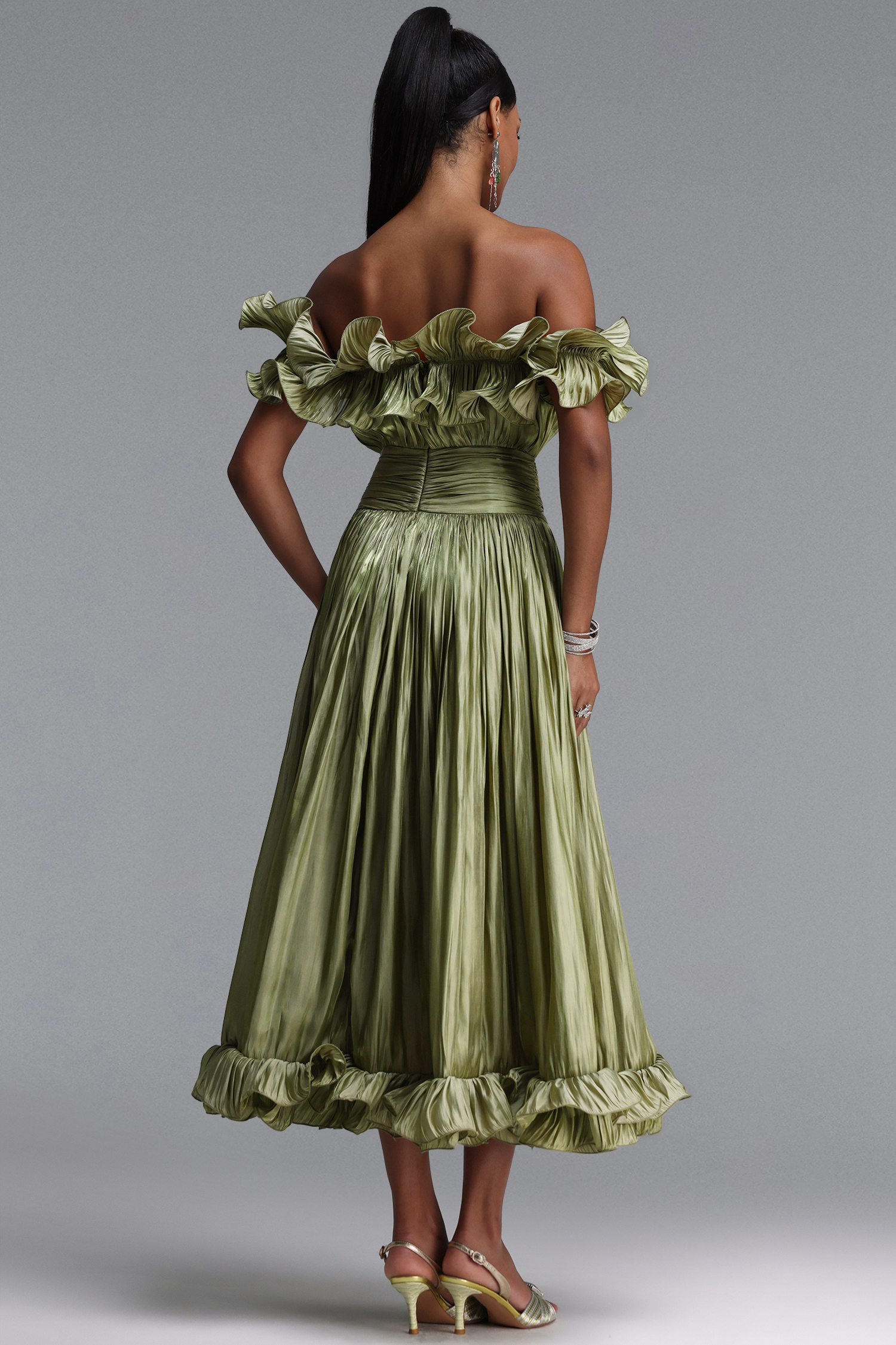 Suku Elegant Flowy Off Shoulder Ruched White Maxi Dress