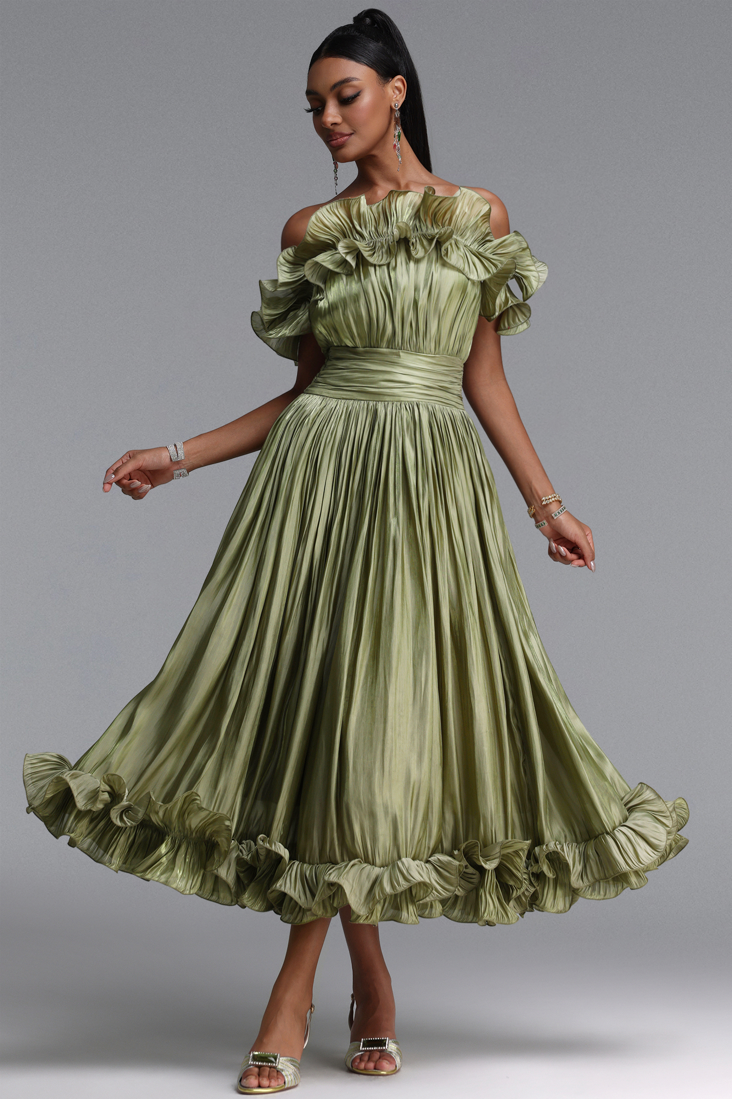 Suku Elegant Flowy Off Shoulder Ruched Green Maxi Dress