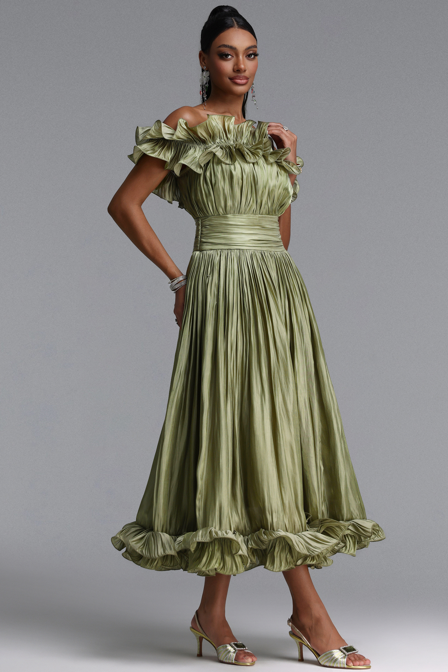 Suku Elegant Flowy Off Shoulder Ruched Green Maxi Dress