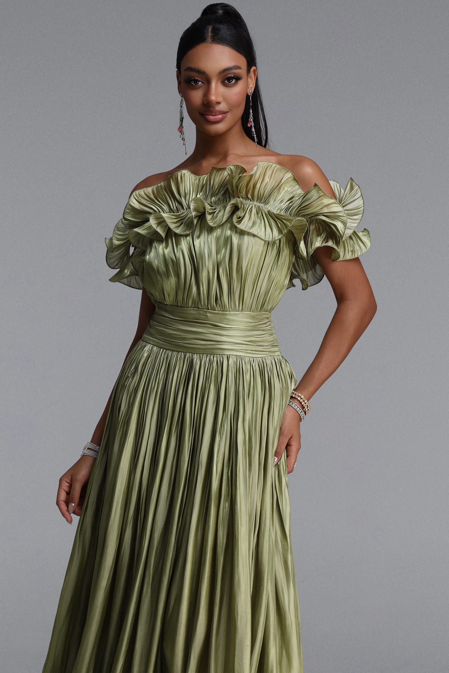 Suku Elegant Flowy Off Shoulder Ruched Green Maxi Dress