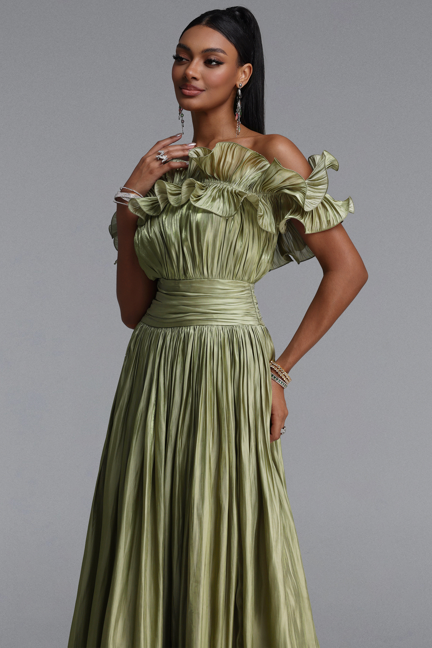 Suku Elegant Flowy Off Shoulder Ruched Green Maxi Dress
