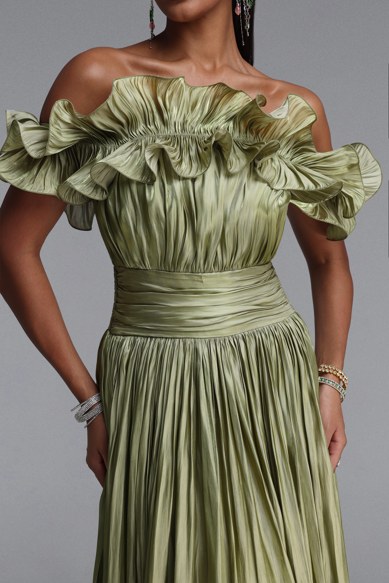 Suku Elegant Flowy Off Shoulder Ruched Green Maxi Dress