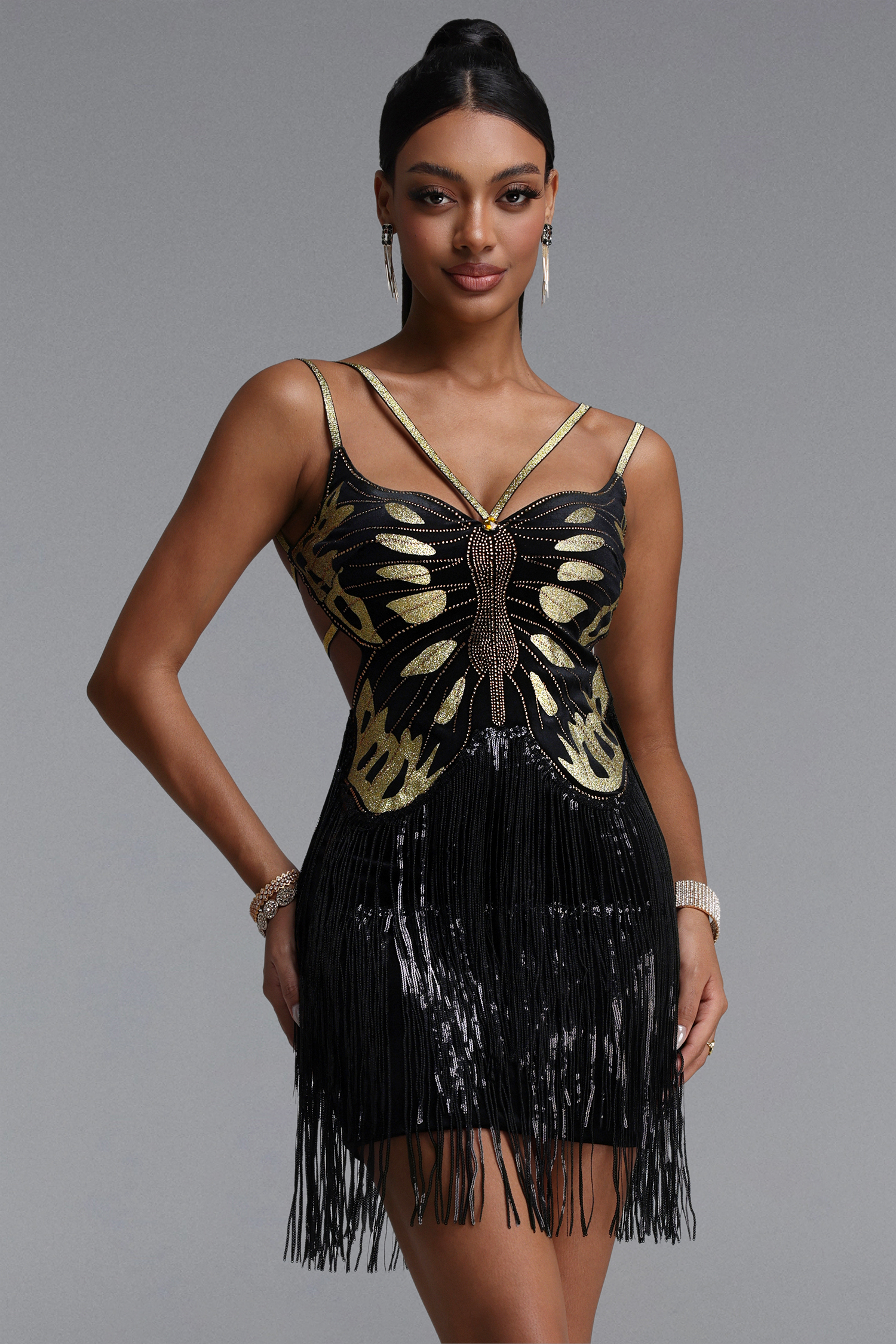 Hedar Gorgeous Fitted Spaghetti Strap Butterfly Tassel Mini Dress