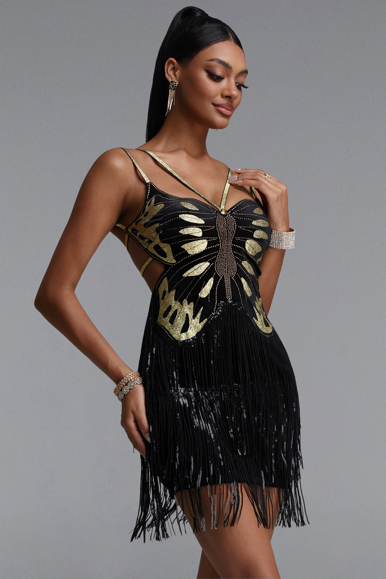 Hedar Gorgeous Fitted Spaghetti Strap Butterfly Tassel Mini Dress