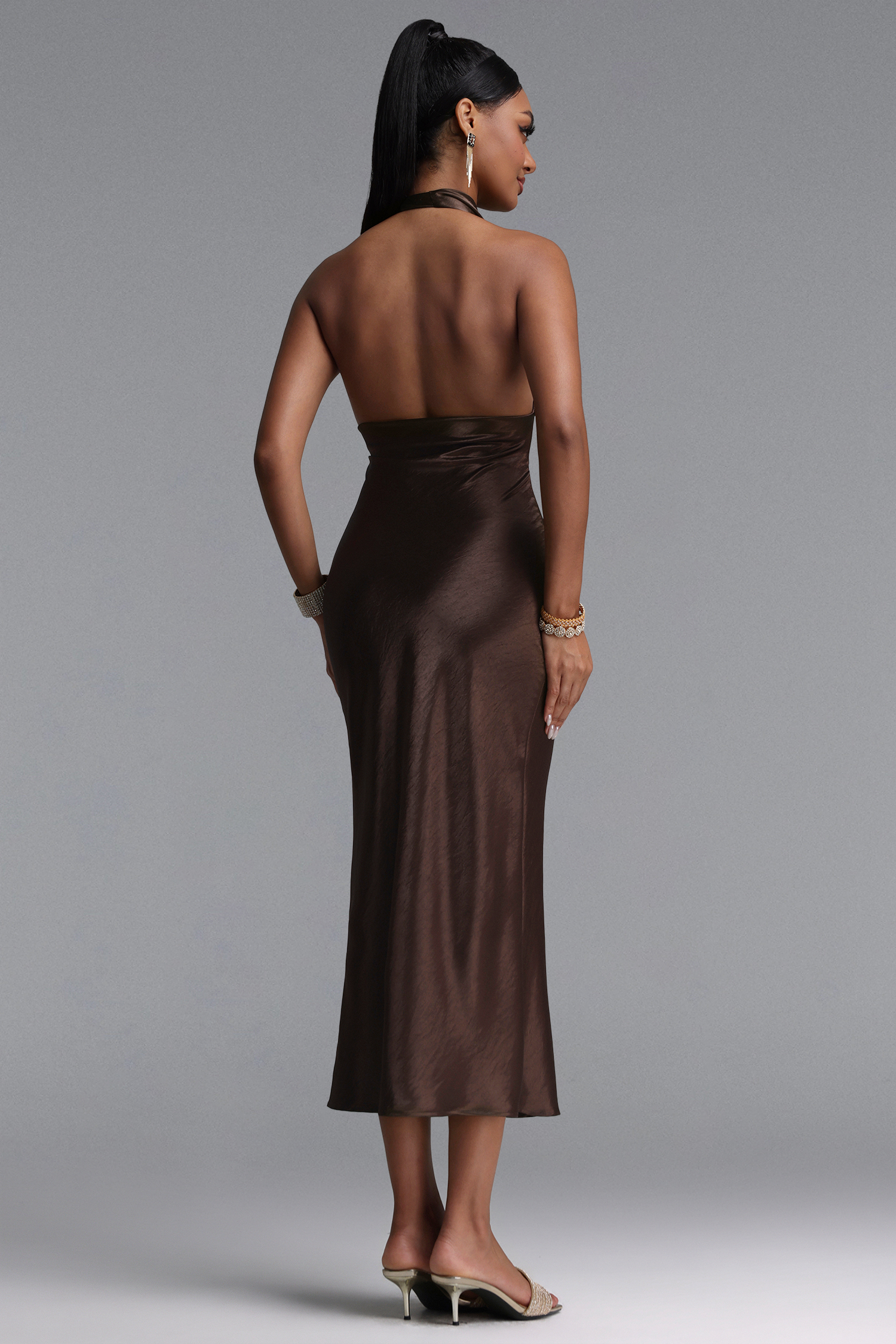 Roxanne Chic Contour Cowl Neck Halter Satin Maxi Dress