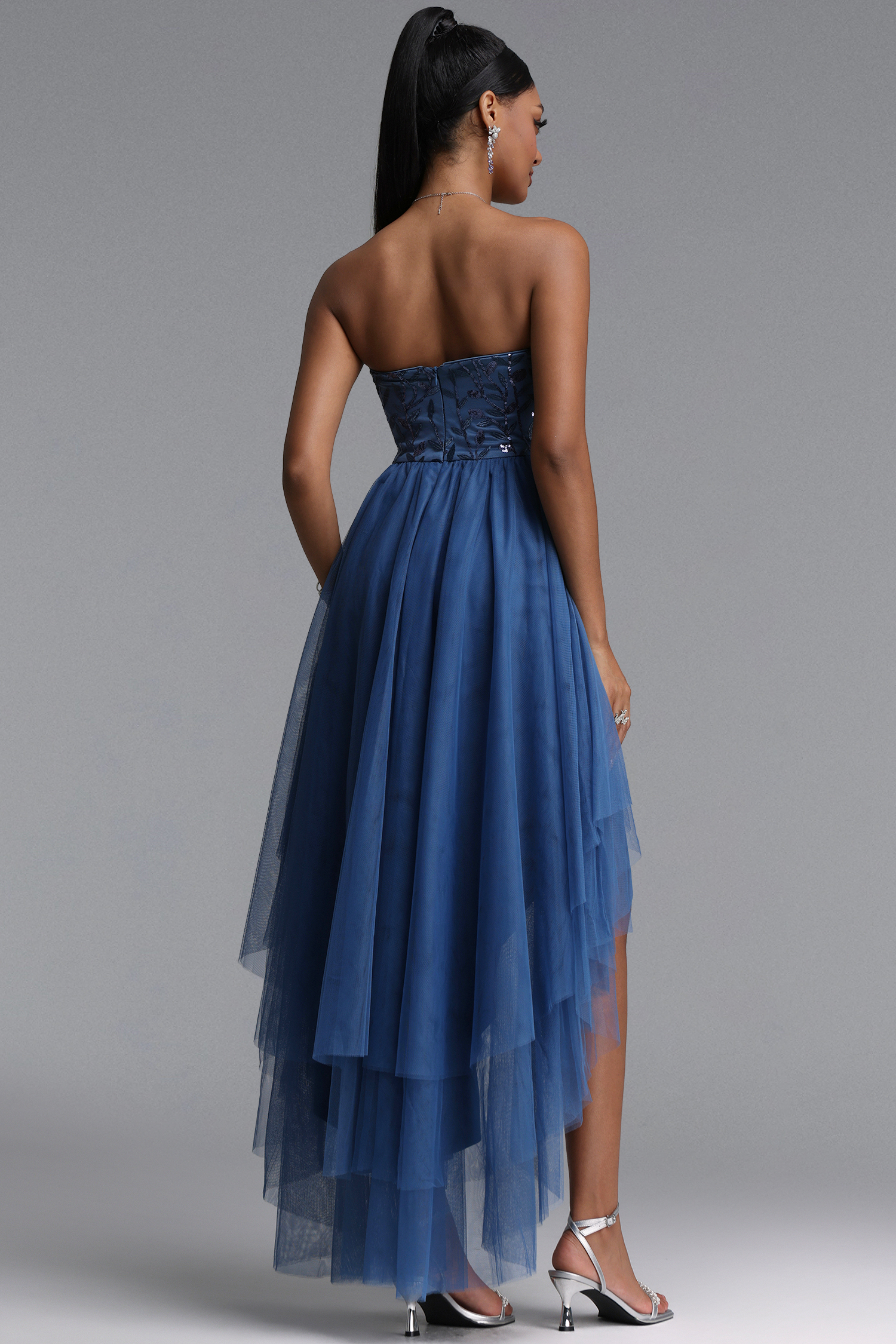 Linda Elegant Waist-Cinched Sequined Layered Midi Dress