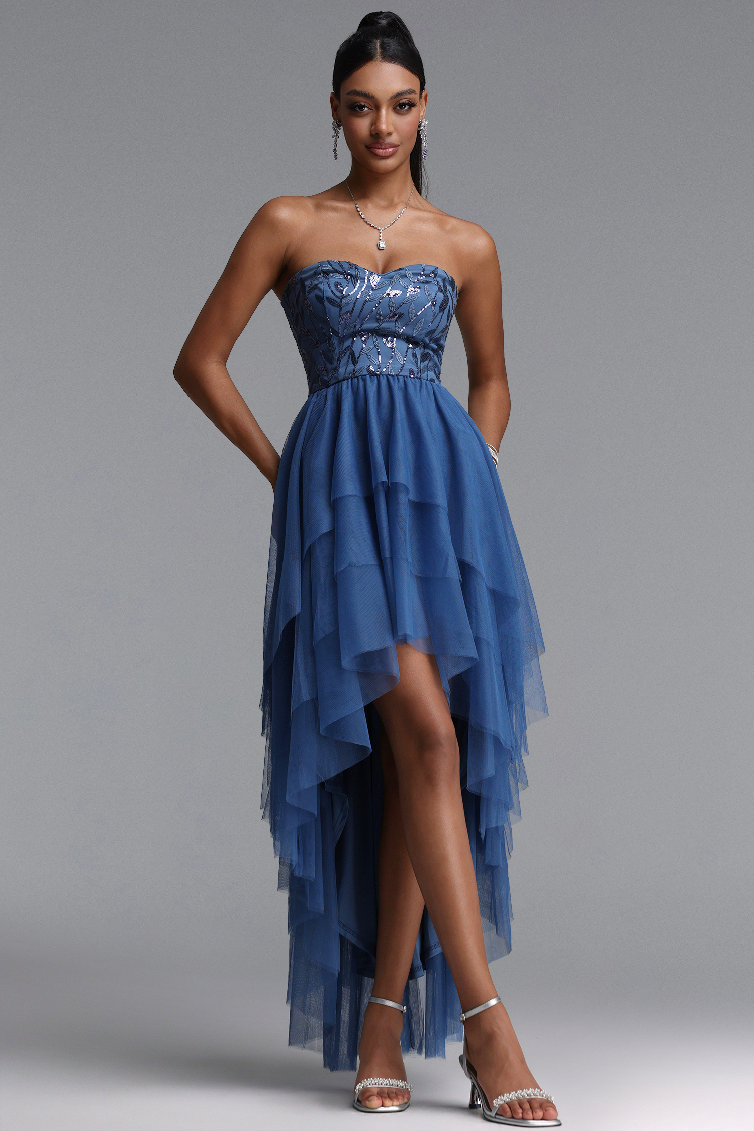 Linda Elegant Waist-Cinched Sequined Layered Midi Dress