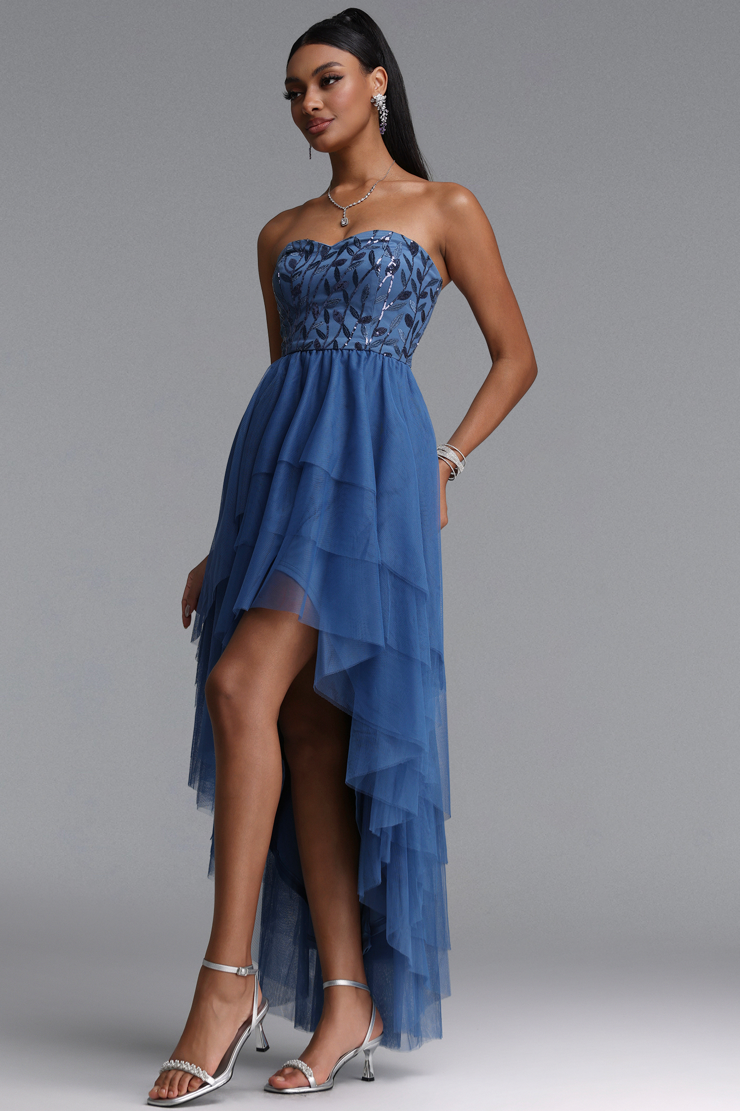 Linda Elegant Waist-Cinched Sequined Layered Midi Dress