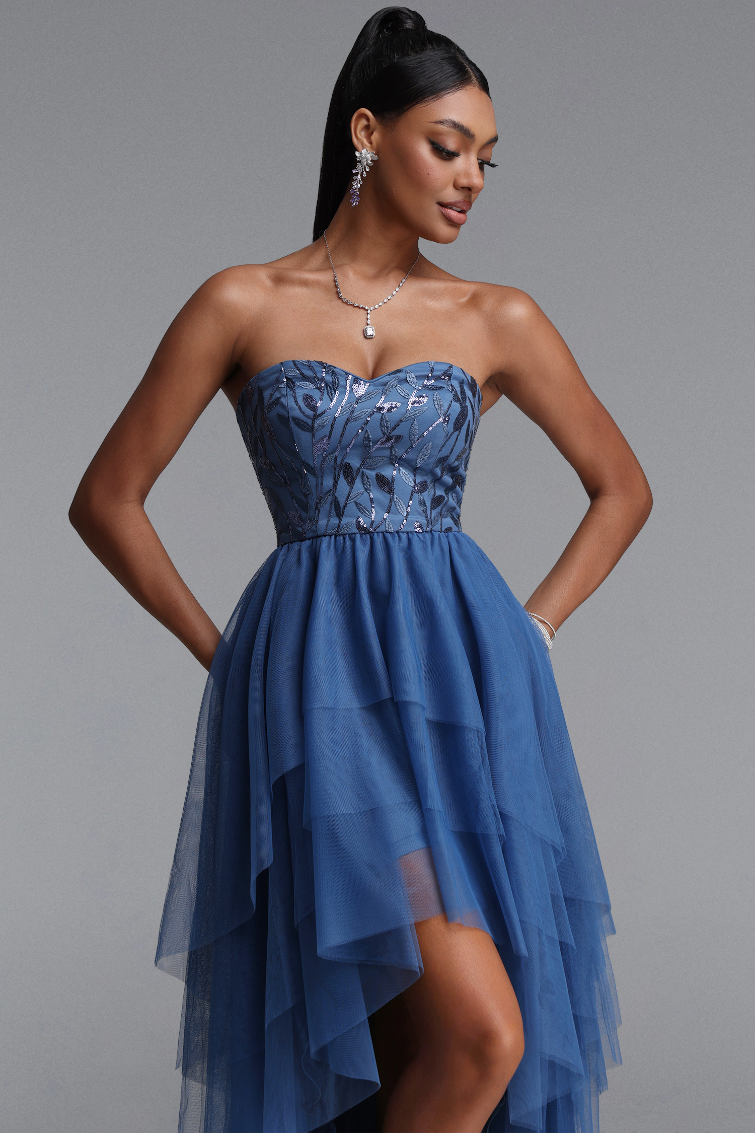 Linda Elegant Waist-Cinched Sequined Layered Midi Dress