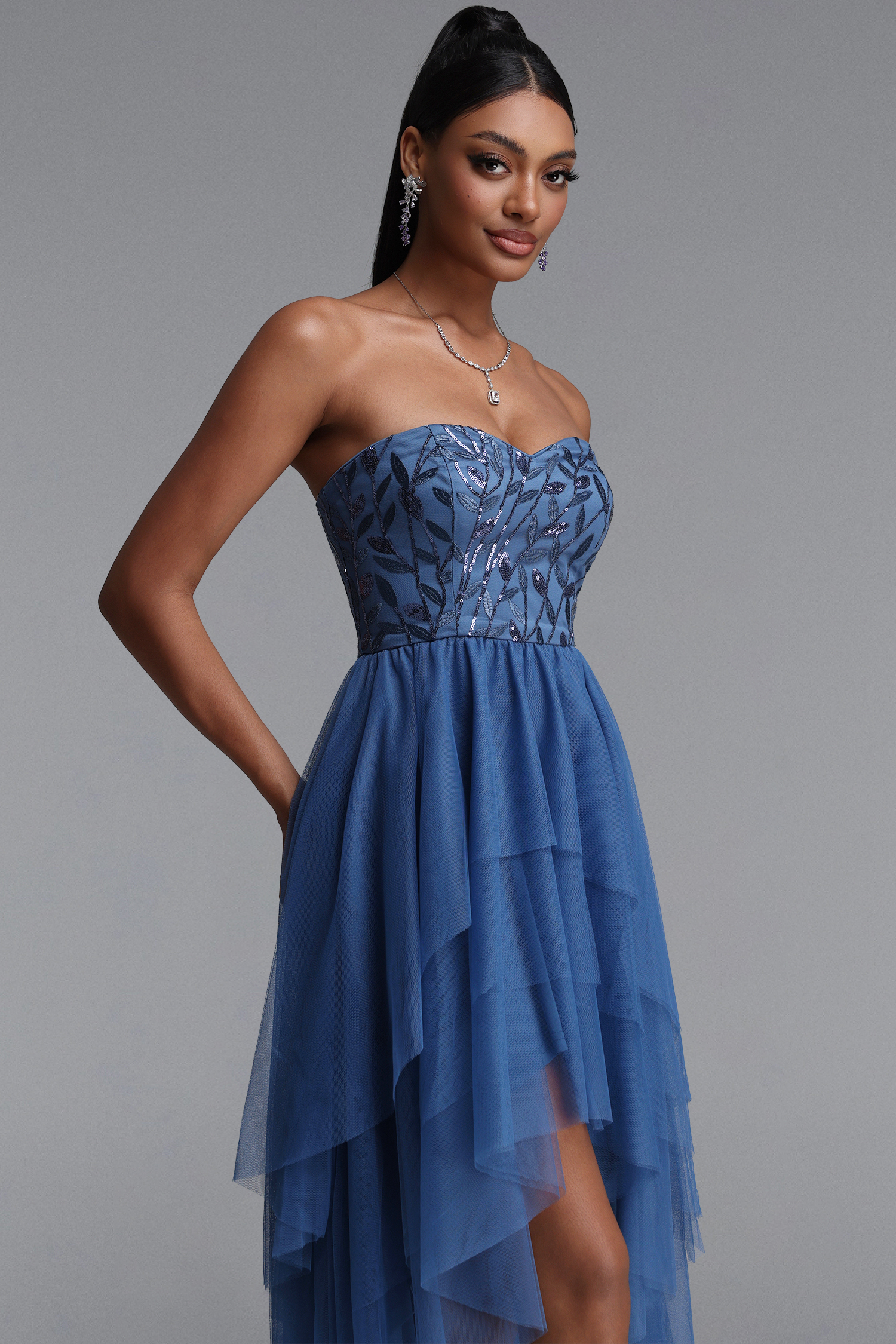 Linda Elegant Waist-Cinched Sequined Layered Midi Dress