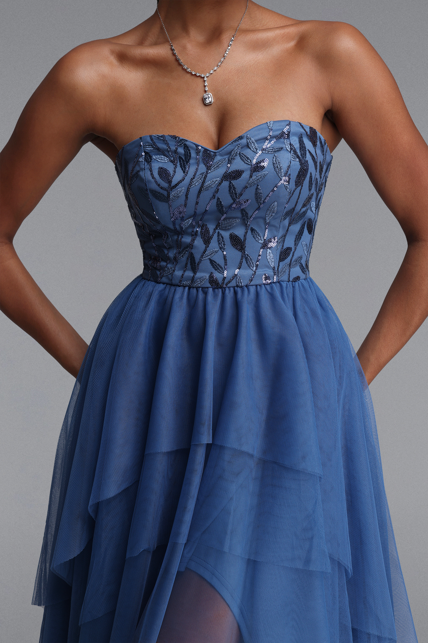 Linda Elegant Waist-Cinched Sequined Layered Midi Dress