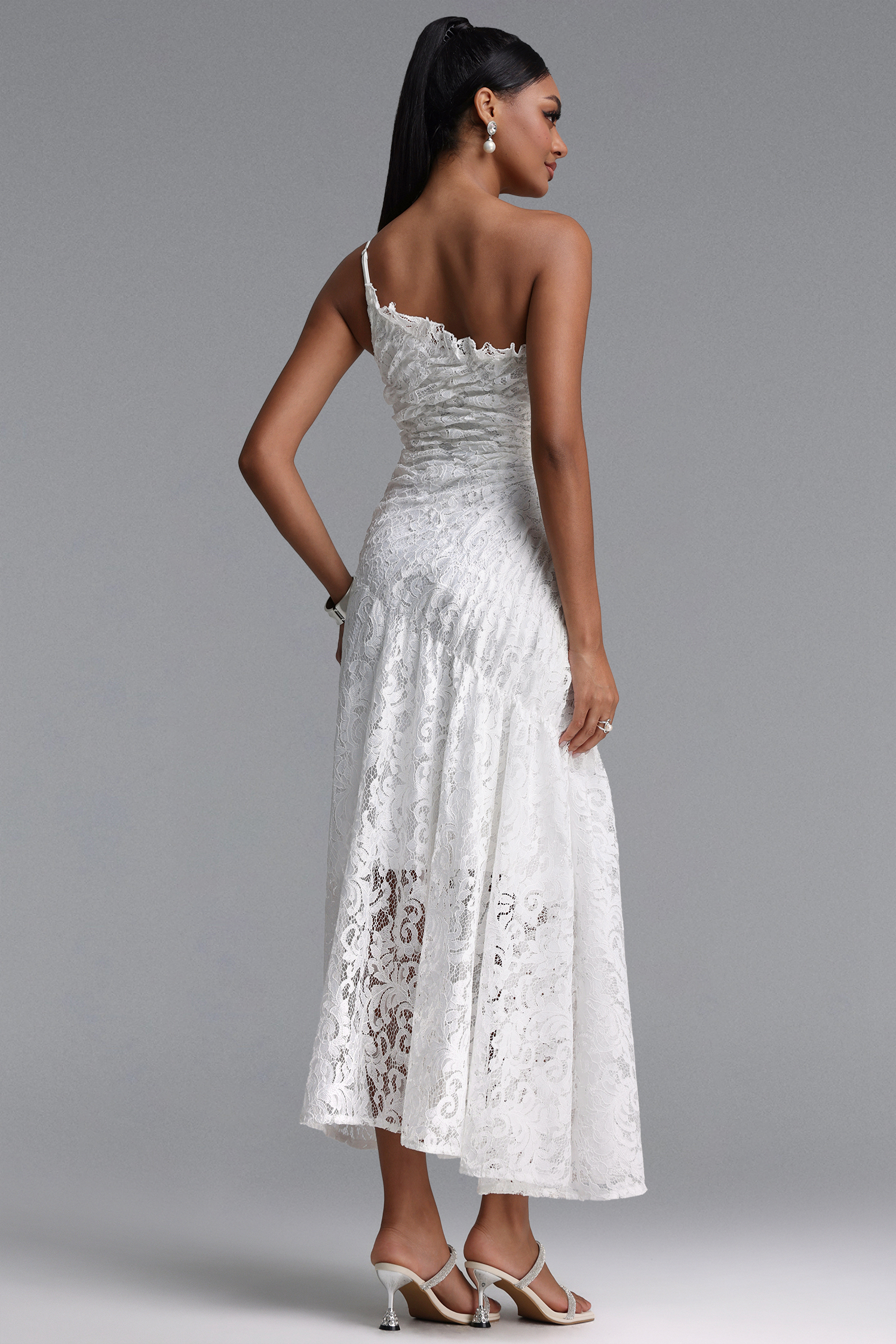 Rafaela Elegant Waist-Cinched One Shoulder Ruched Lace Maxi Dress