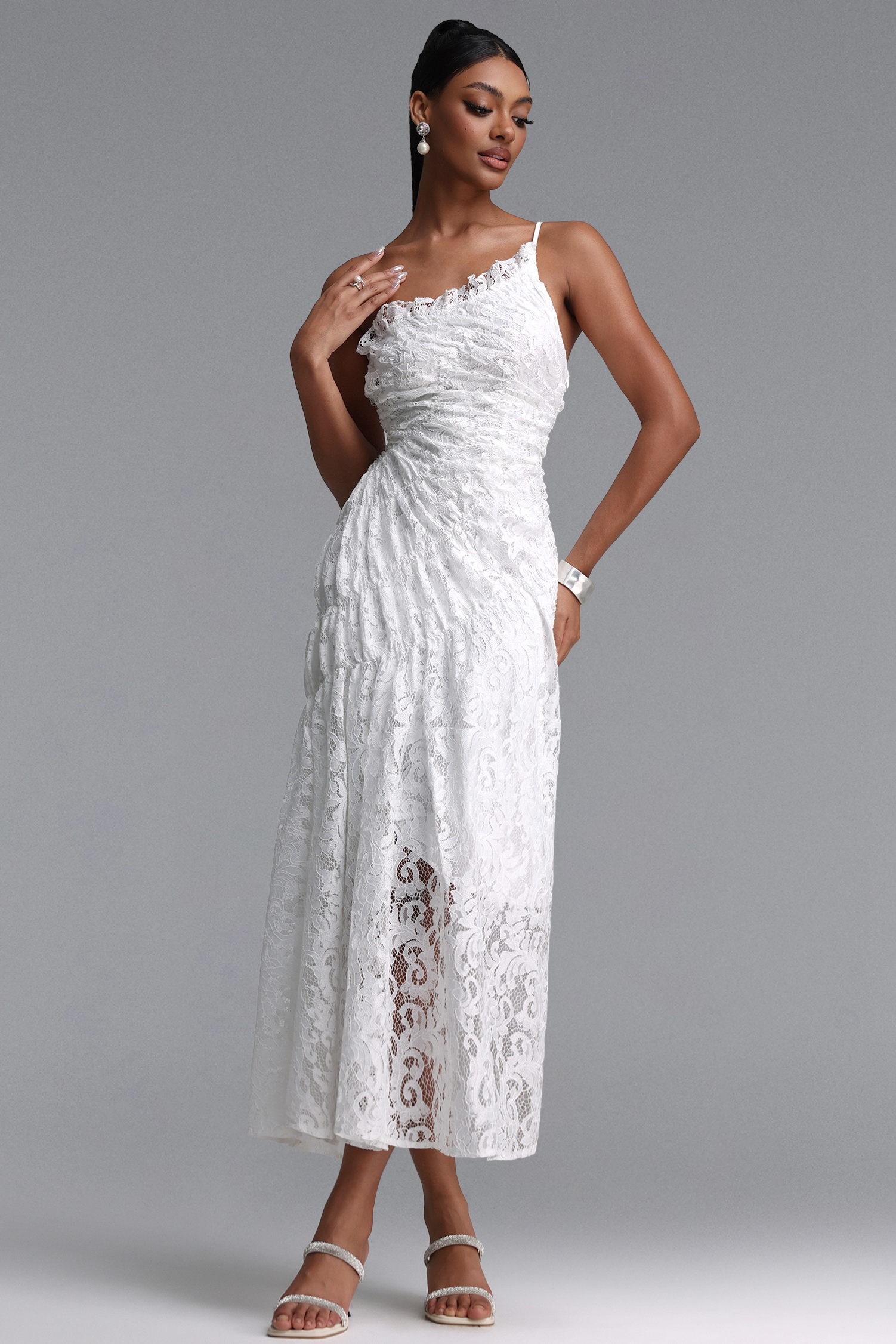 Rafaela Elegant Waist-Cinched One Shoulder Ruched Lace Maxi Dress