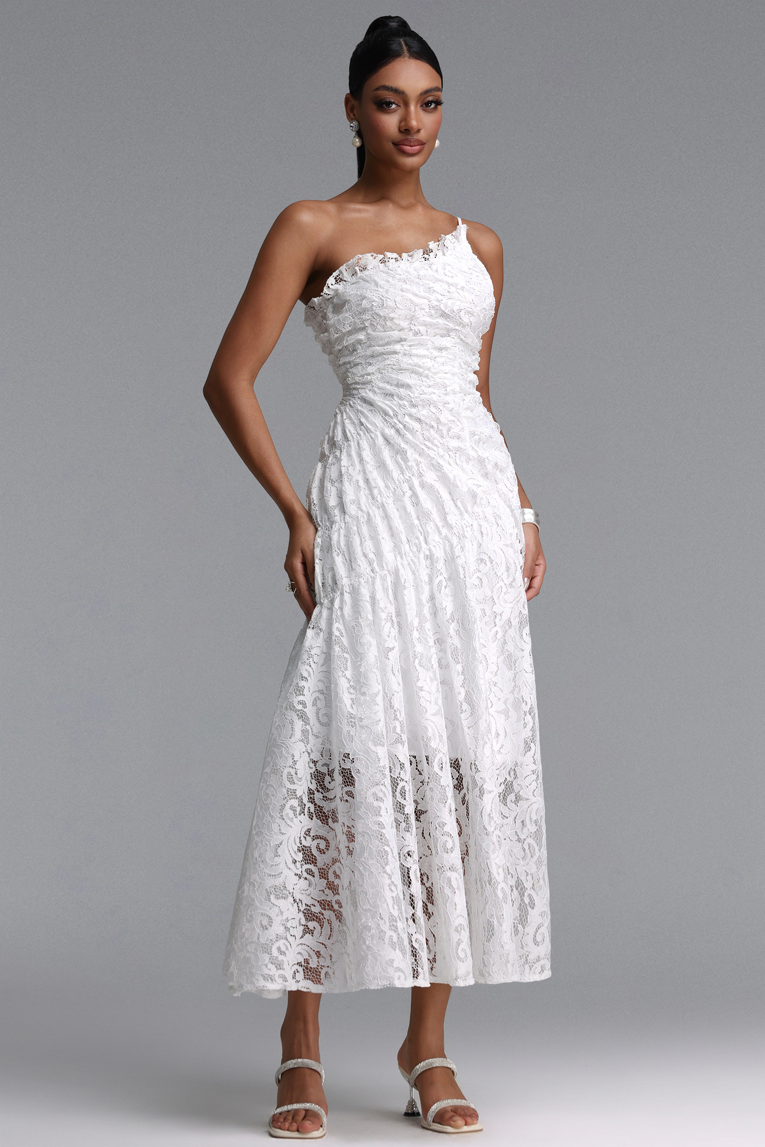 Rafaela Elegant Waist-Cinched One Shoulder Ruched Lace Maxi Dress