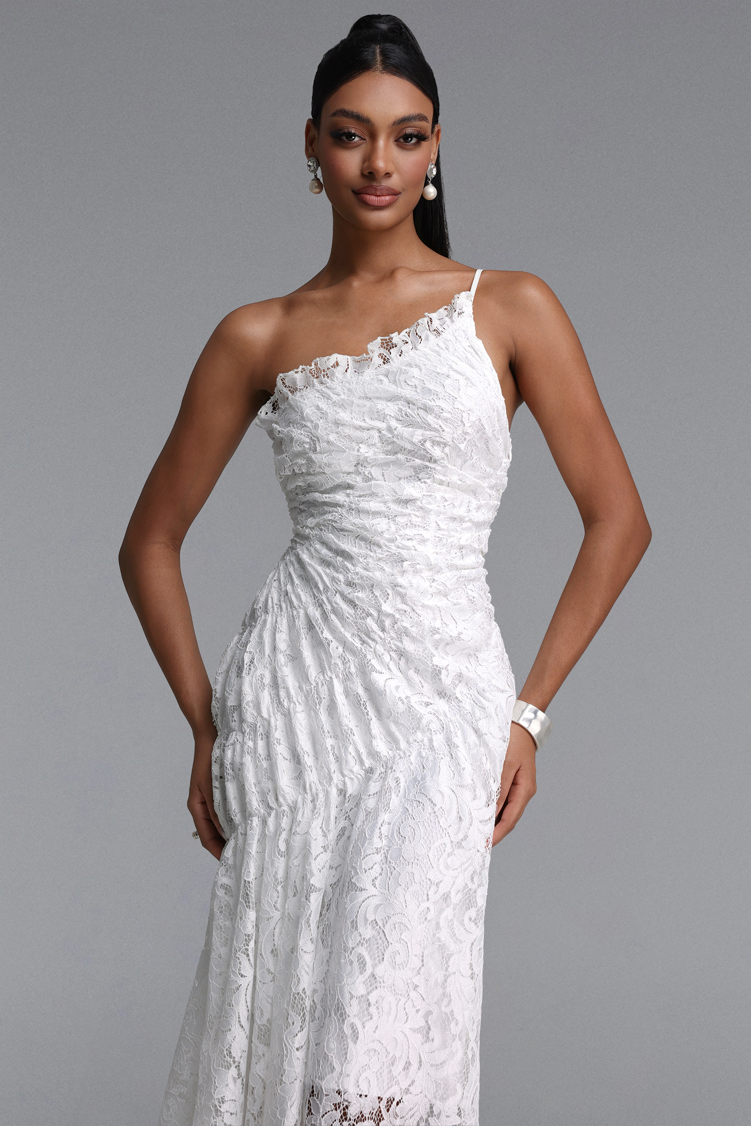Rafaela Elegant Waist-Cinched One Shoulder Ruched Lace Maxi Dress