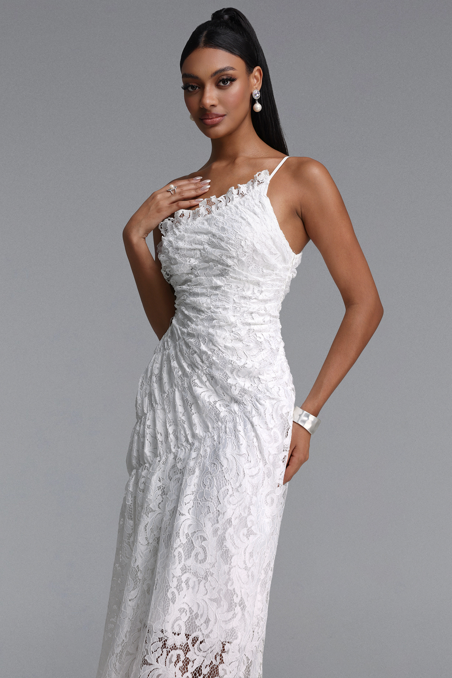 Rafaela Elegant Waist-Cinched One Shoulder Ruched Lace Maxi Dress
