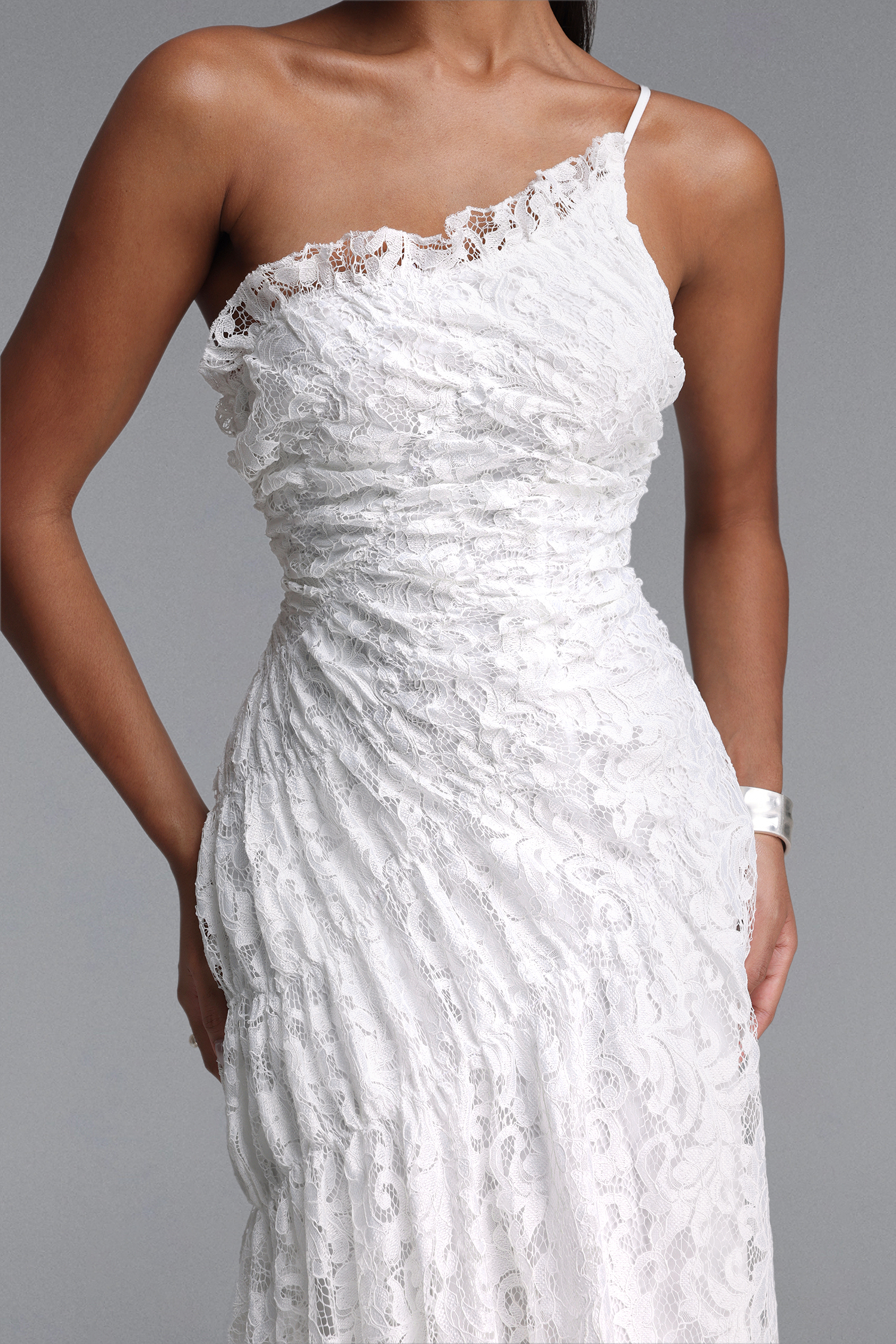 Rafaela Elegant Waist-Cinched One Shoulder Ruched Lace Maxi Dress