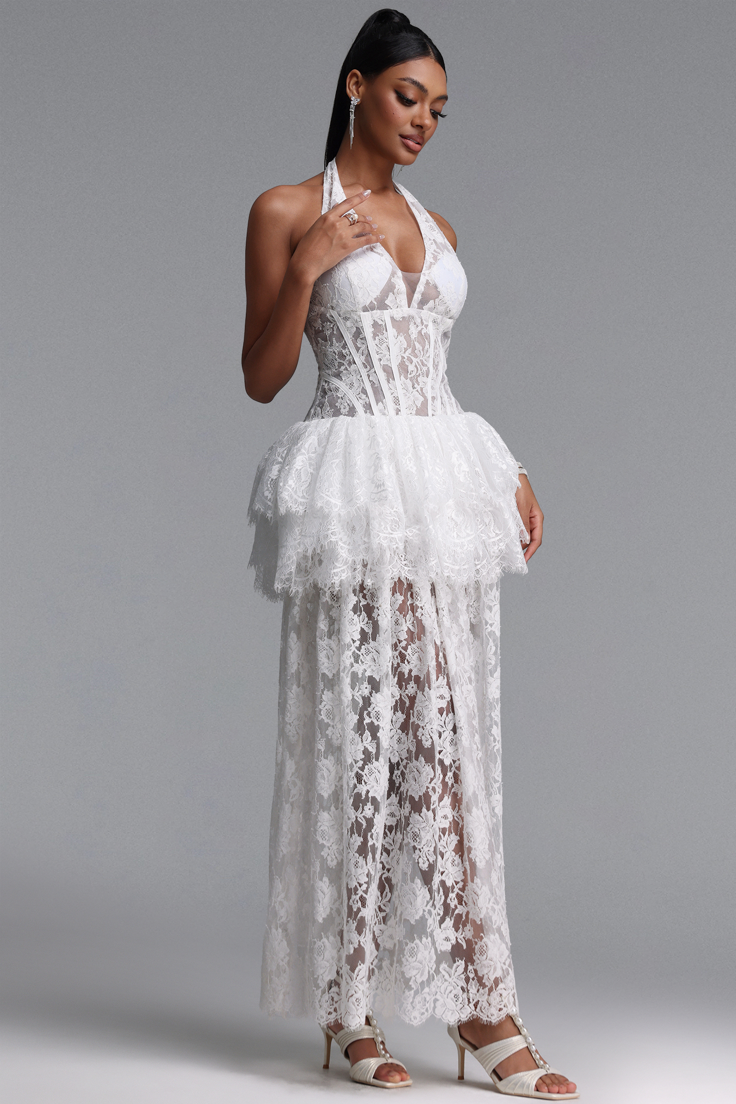 Enene Elegant Waist-Cinched Halter V-Neck Layered Lace Maxi Dress