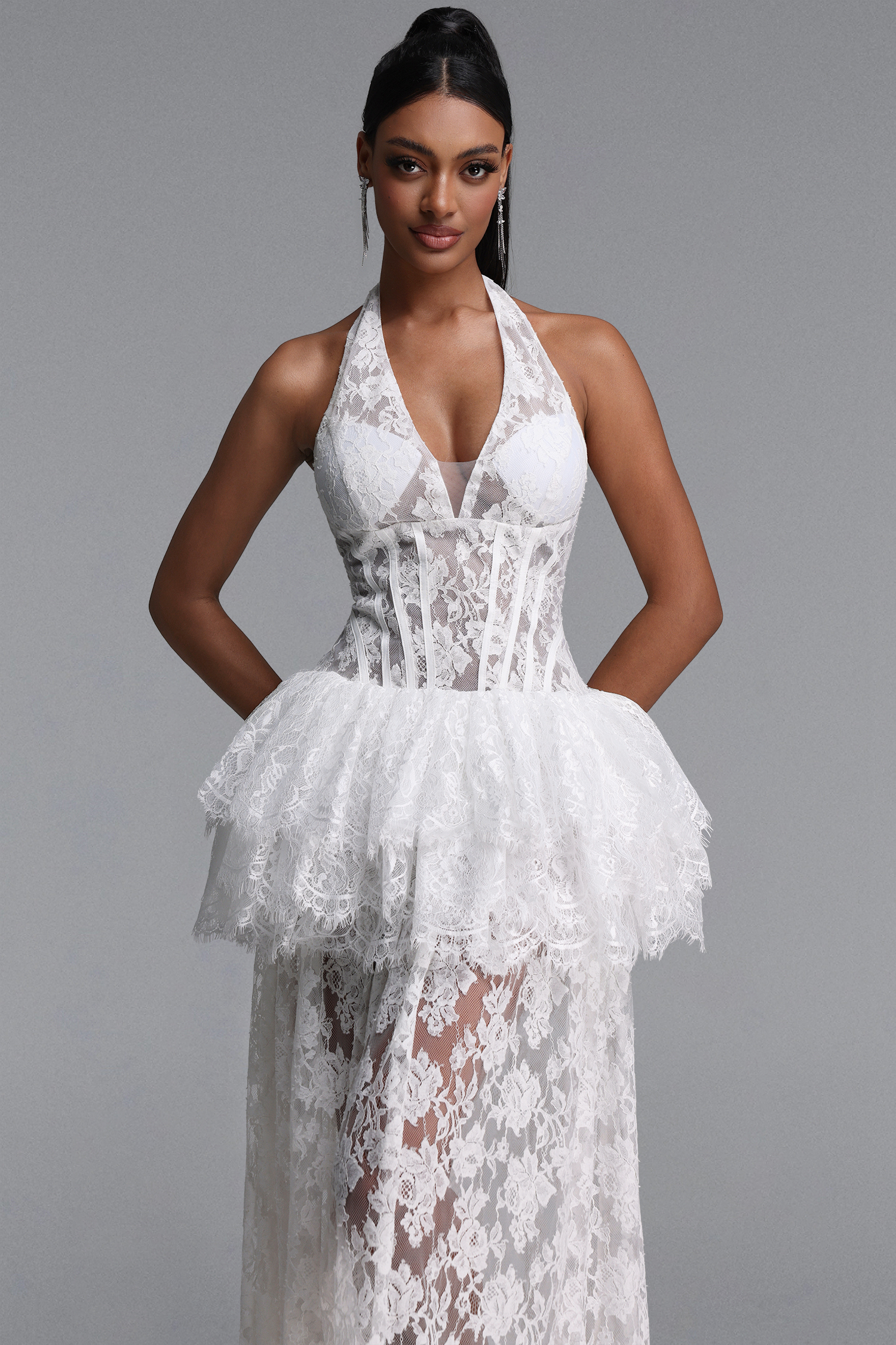 Enene Elegant Waist-Cinched Halter V-Neck Layered Lace Maxi Dress