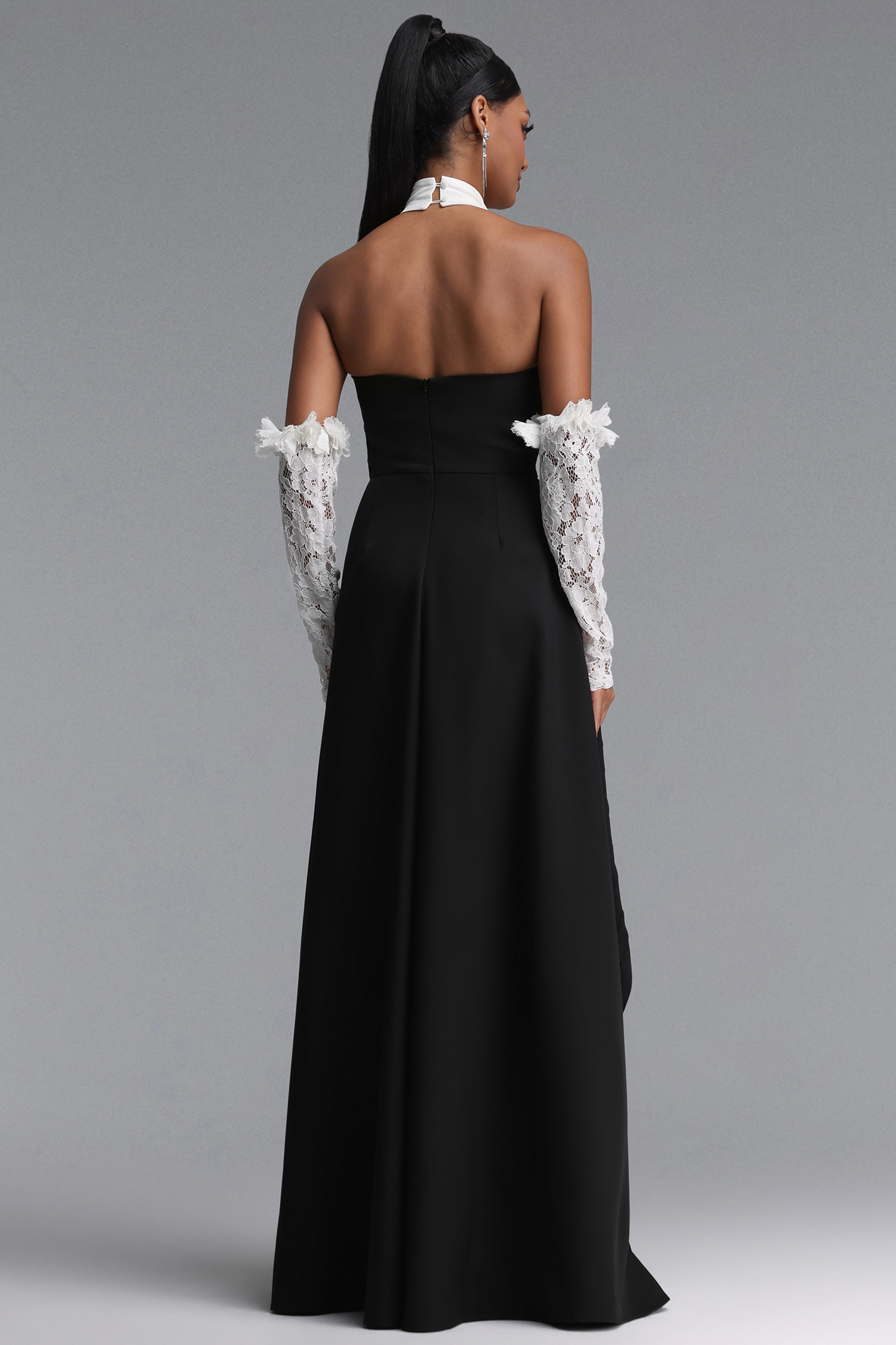 Tiere Elegant Waist-Cinched Floral Pleated Lace Sleeve Maxi Dress