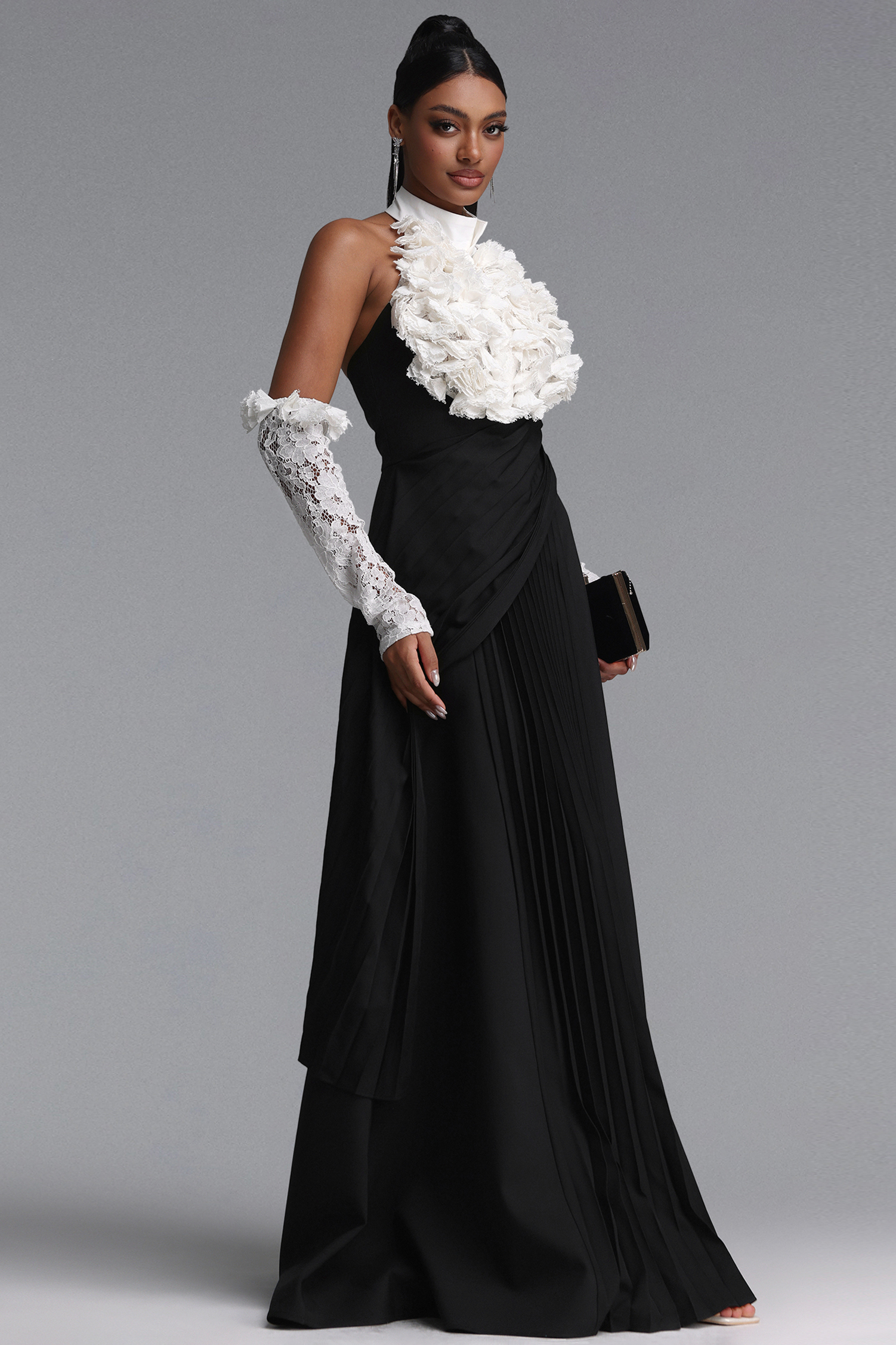 Tiere Elegant Waist-Cinched Floral Pleated Lace Sleeve Maxi Dress