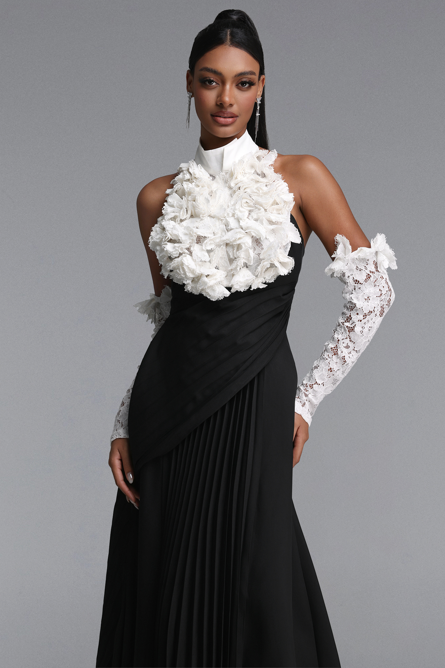 Tiere Elegant Waist-Cinched Floral Pleated Lace Sleeve Maxi Dress