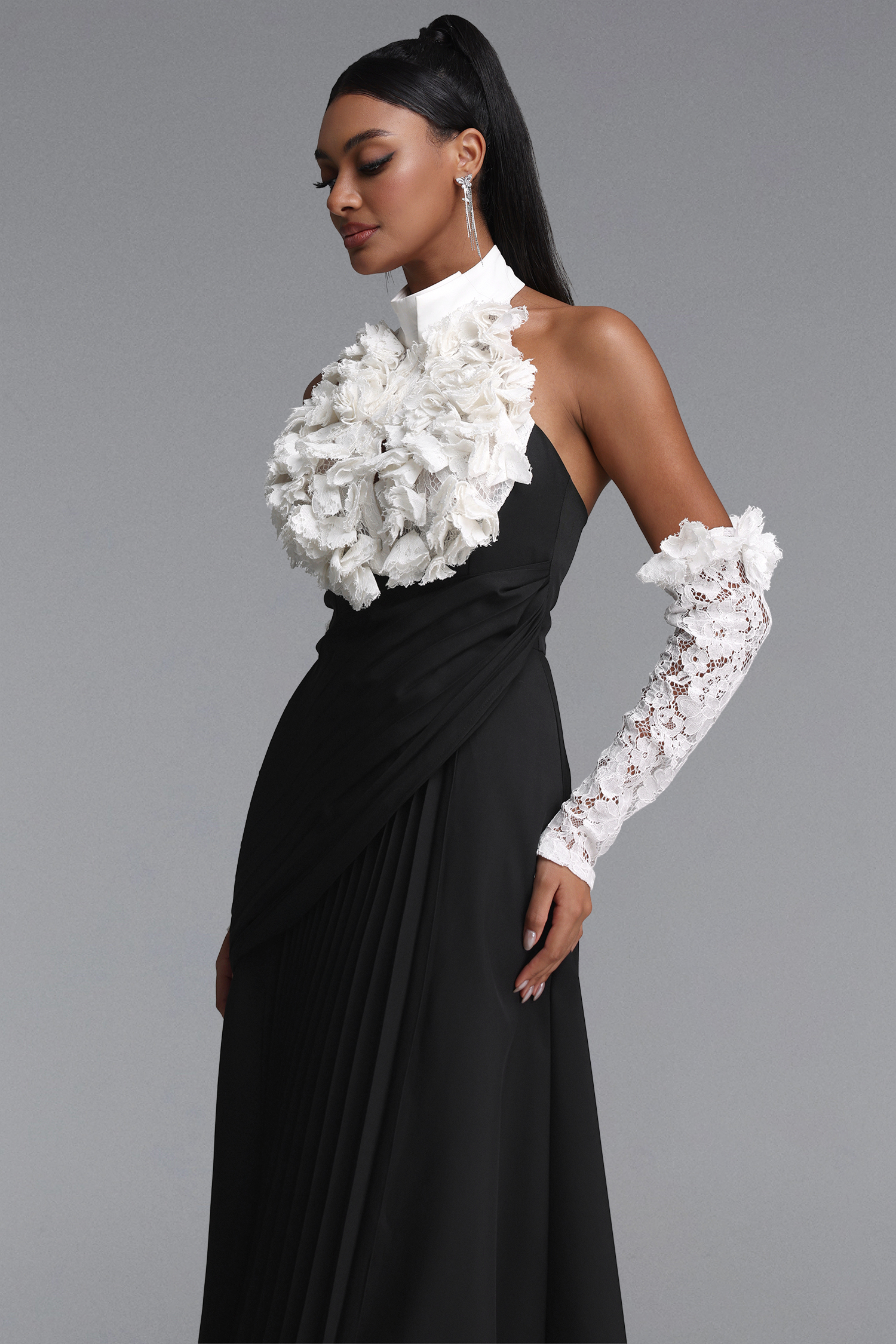 Tiere Elegant Waist-Cinched Floral Pleated Lace Sleeve Maxi Dress
