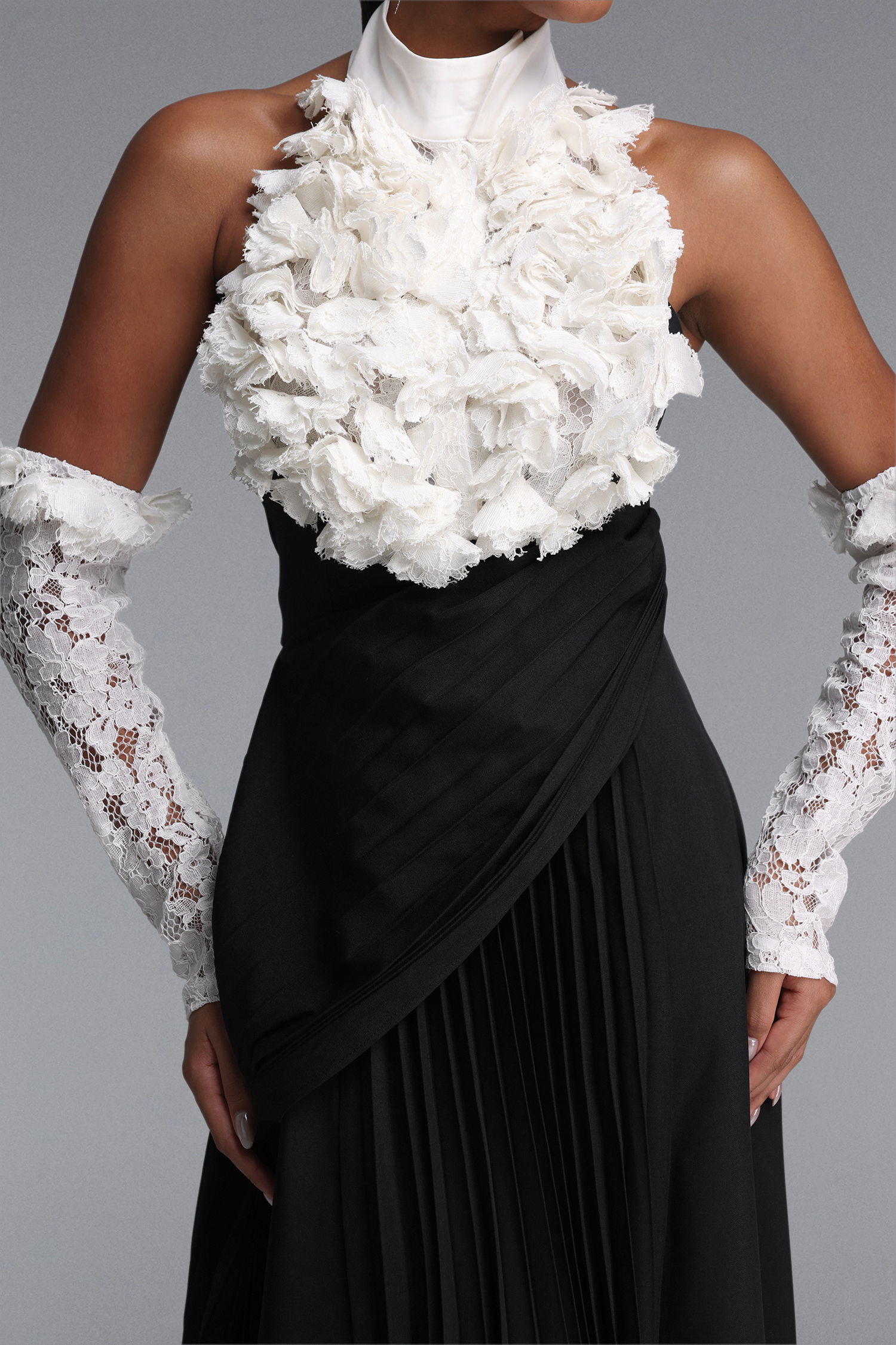 Tiere Elegant Waist-Cinched Floral Pleated Lace Sleeve Maxi Dress