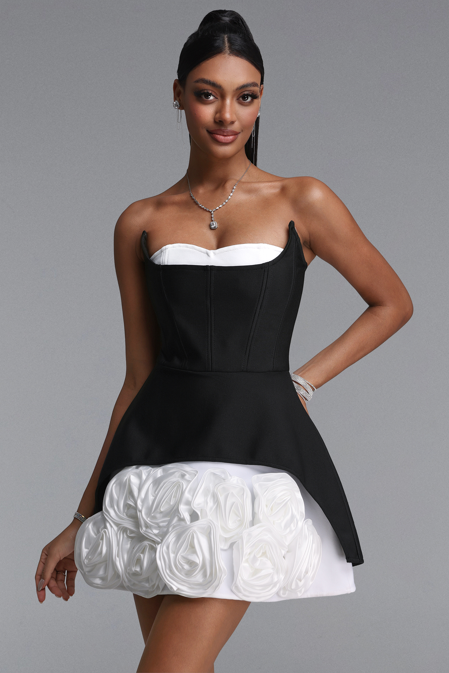 Heisel Stylish Waist-Cinched Strapless Floral Mini Bandage Dress