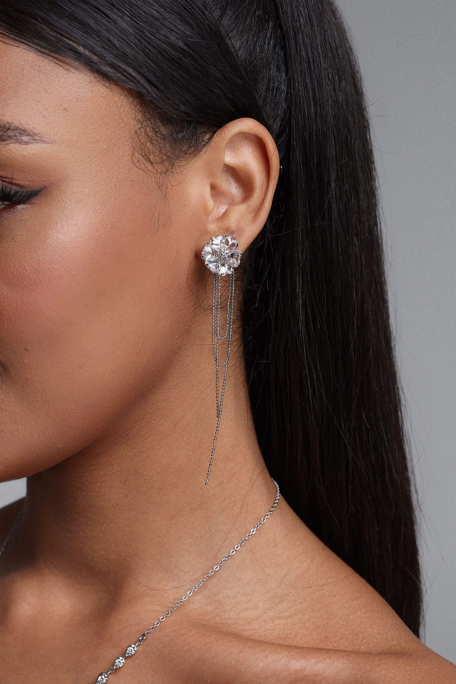 Nasim Crystal Flower Multi Layer Tassel Earrings