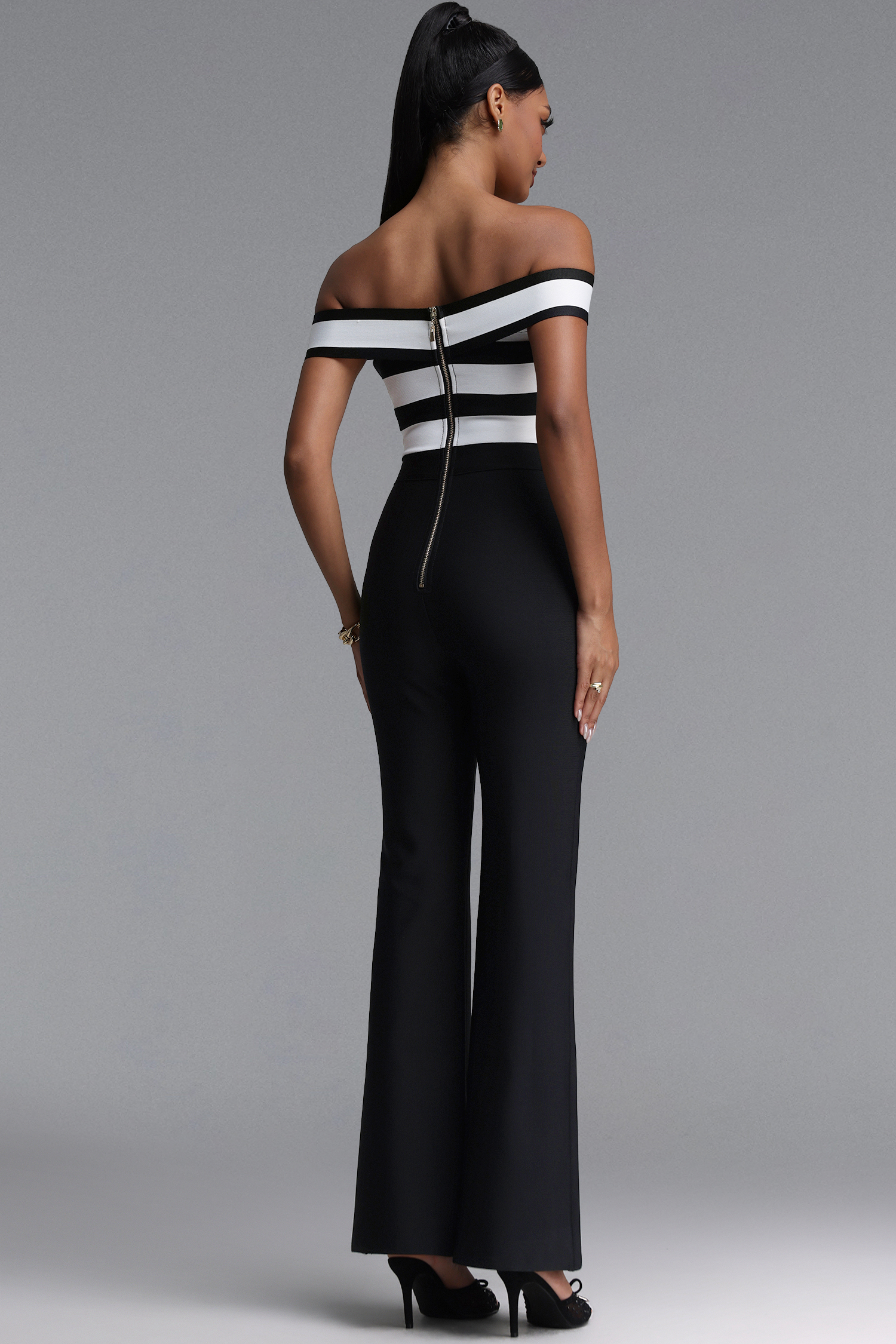 Niavia Stylish Fitted Off Shoulder Color Block Striped Bandage Jumpsuit