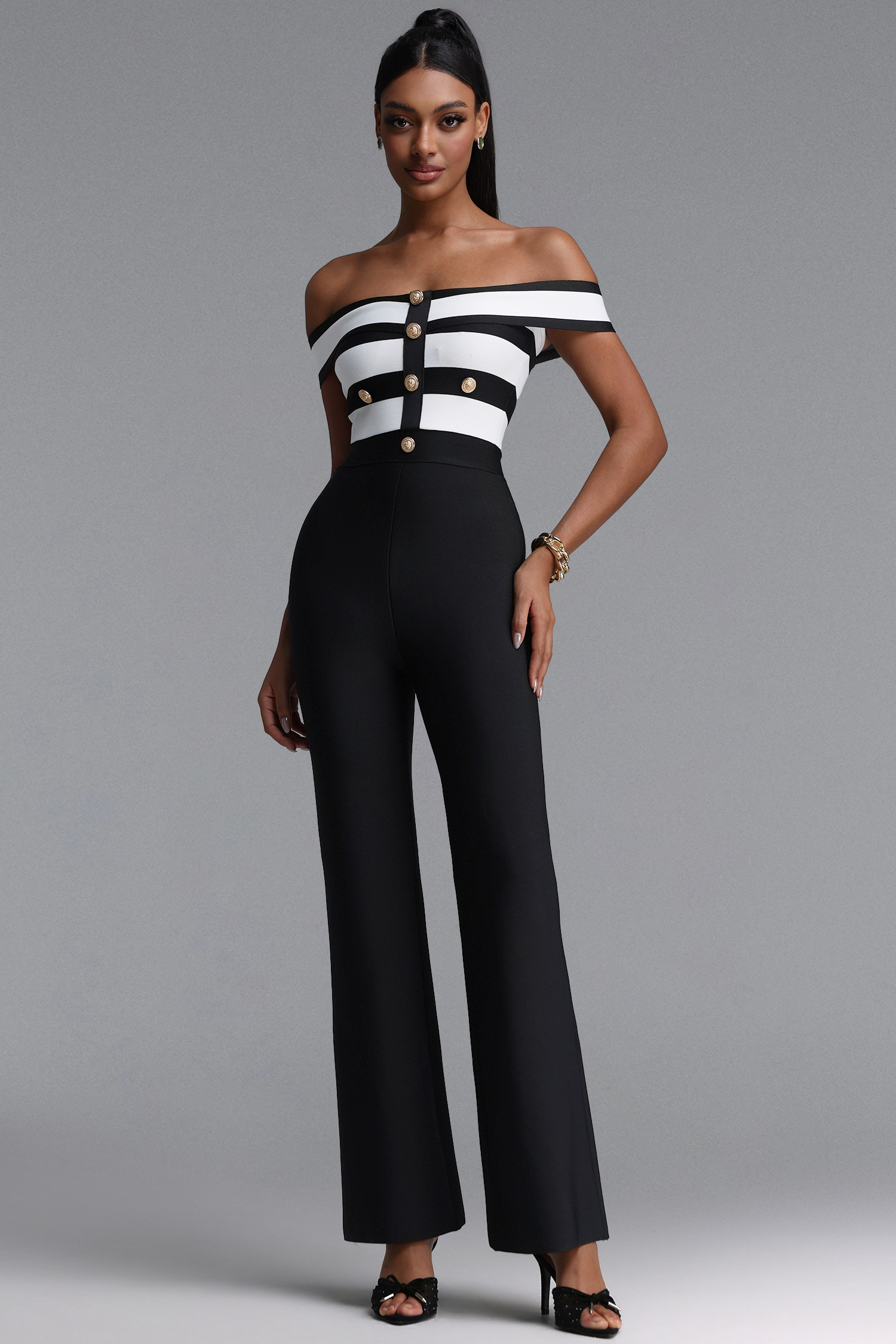 Niavia Stylish Fitted Off Shoulder Color Block Striped Bandage Jumpsuit