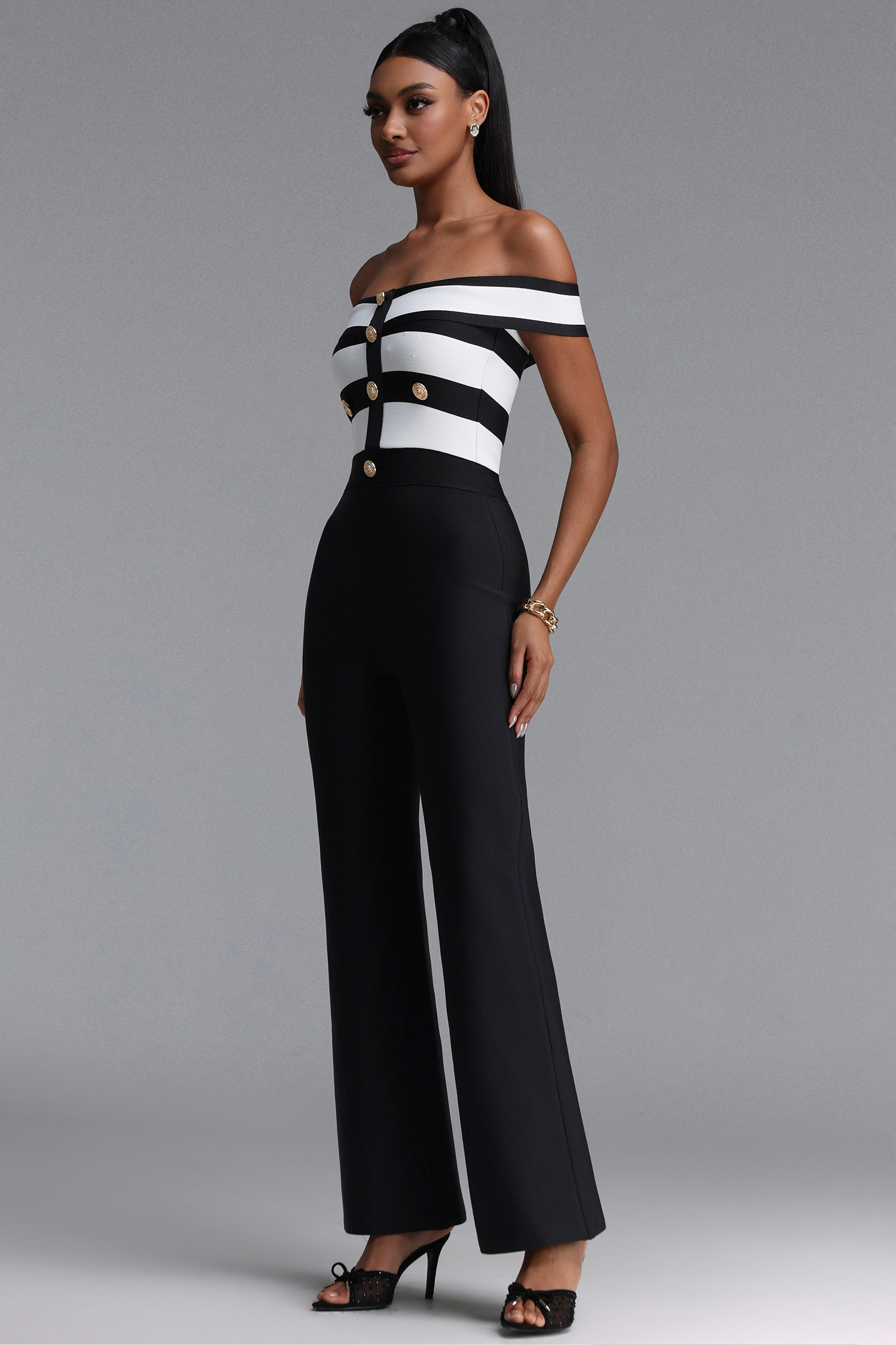 Niavia Stylish Fitted Off Shoulder Color Block Striped Bandage Jumpsuit
