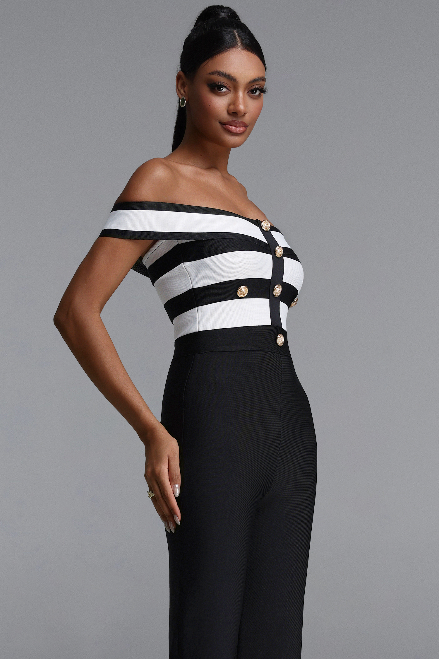 Niavia Stylish Fitted Off Shoulder Color Block Striped Bandage Jumpsuit