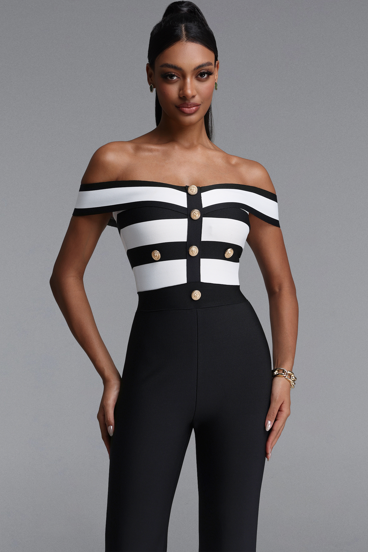 Niavia Stylish Fitted Off Shoulder Color Block Striped Bandage Jumpsuit