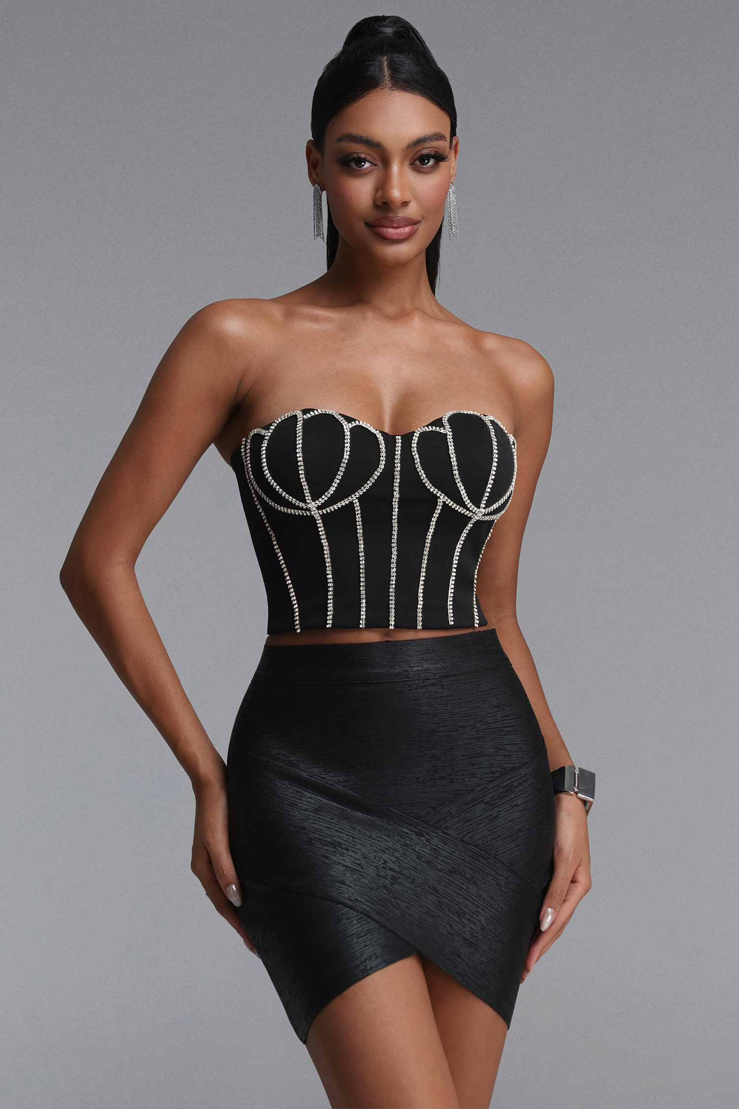 Madison　Exquisite Strapless Shell Rhinestone Boned Top